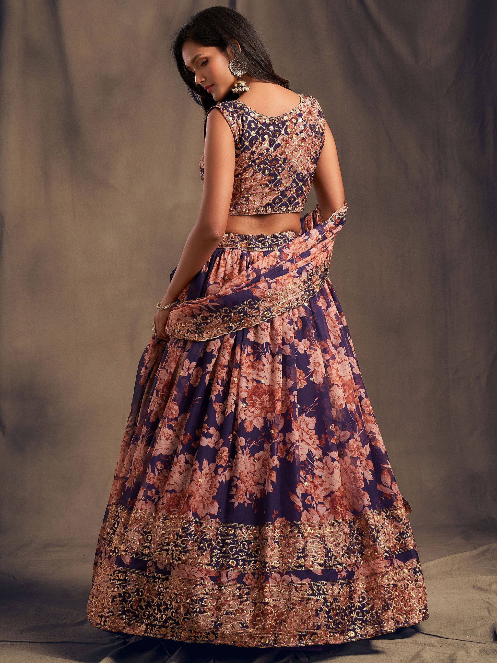 Purple Floral Printed Organza Festival Lehenga Choli