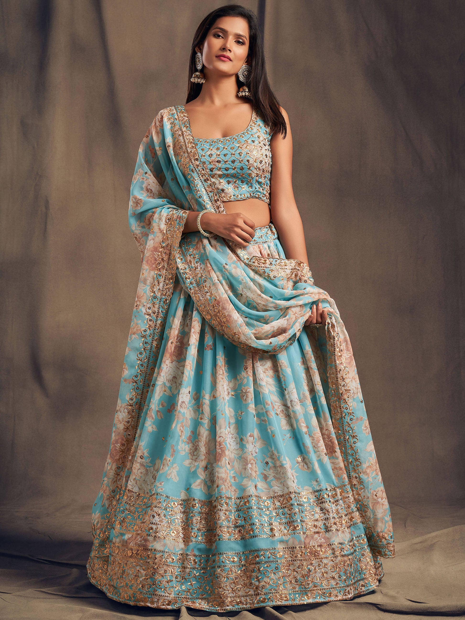 Sky Blue Floral Printed Organza Festival Lehenga Choli