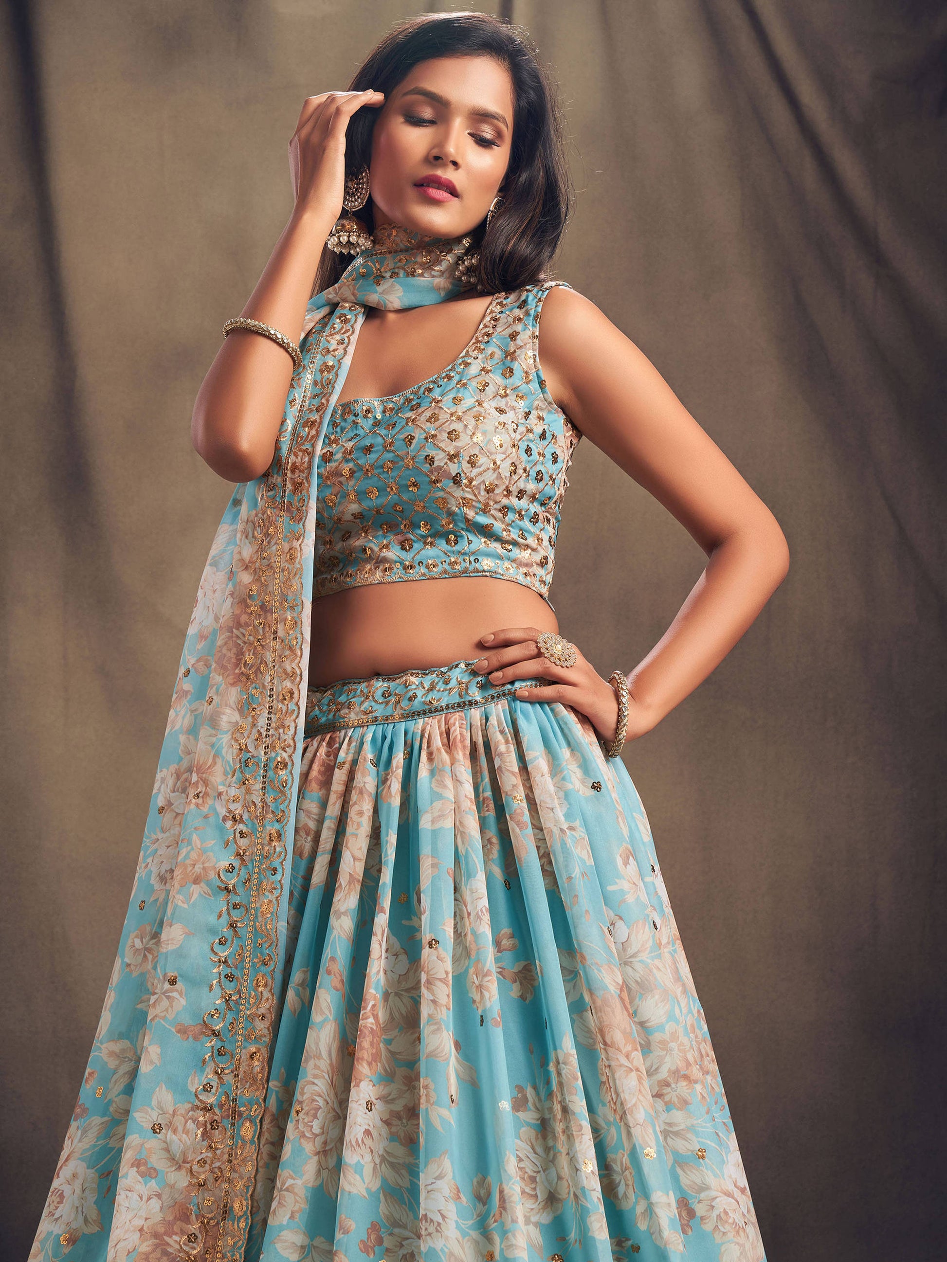 Sky Blue Floral Printed Organza Festival Lehenga Choli