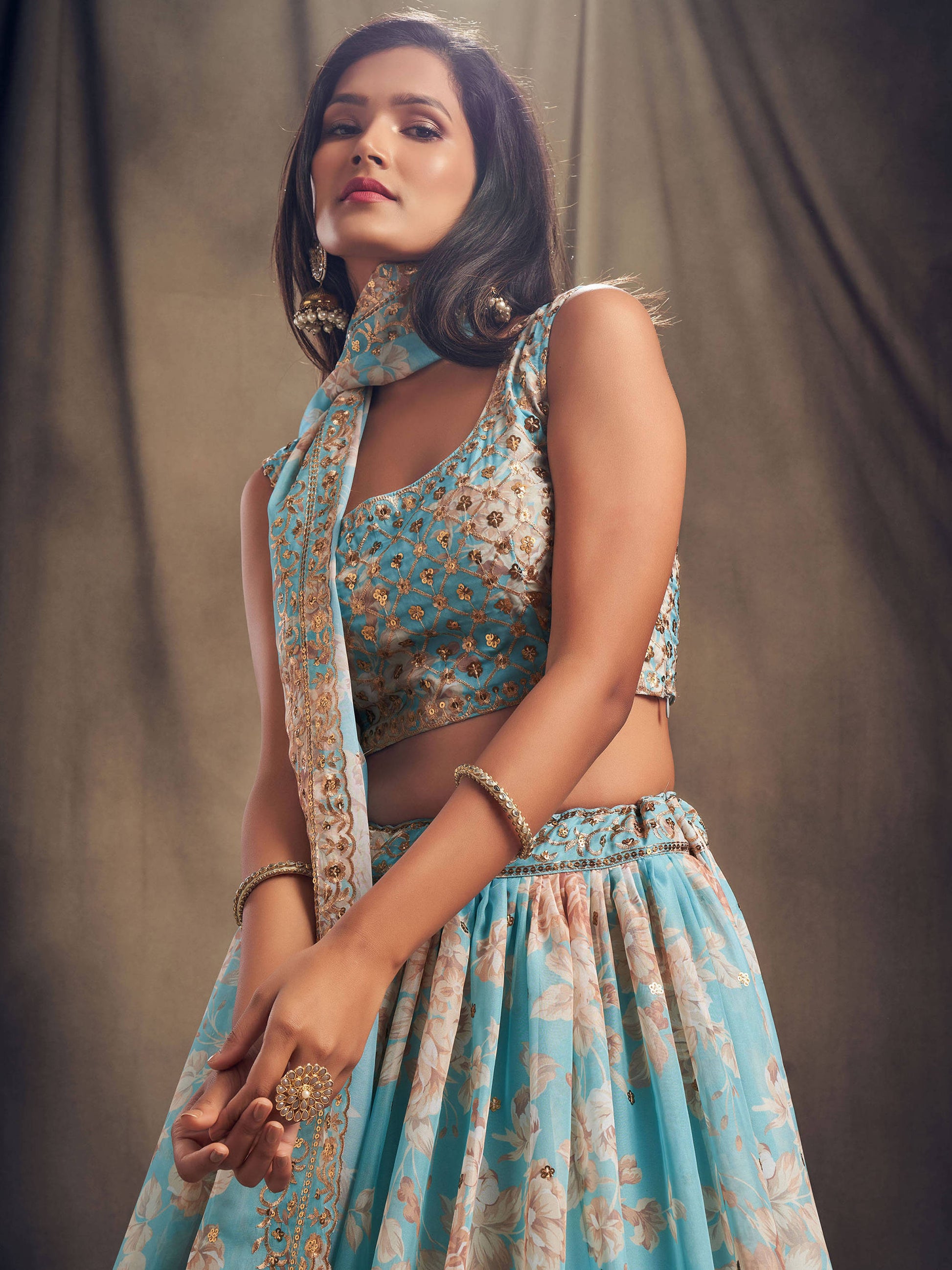 Sky Blue Floral Printed Organza Festival Lehenga Choli