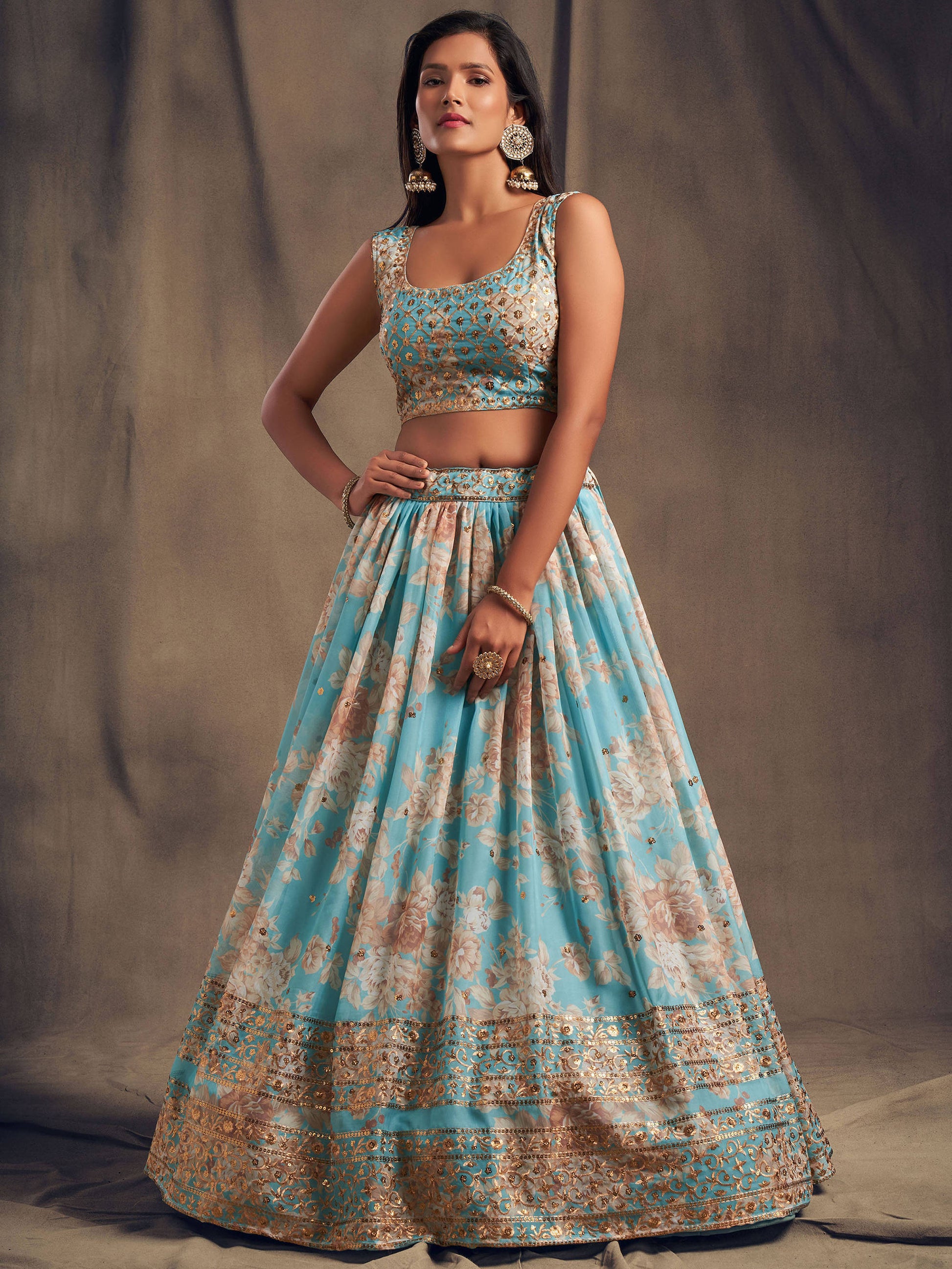 Sky Blue Floral Printed Organza Festival Lehenga Choli