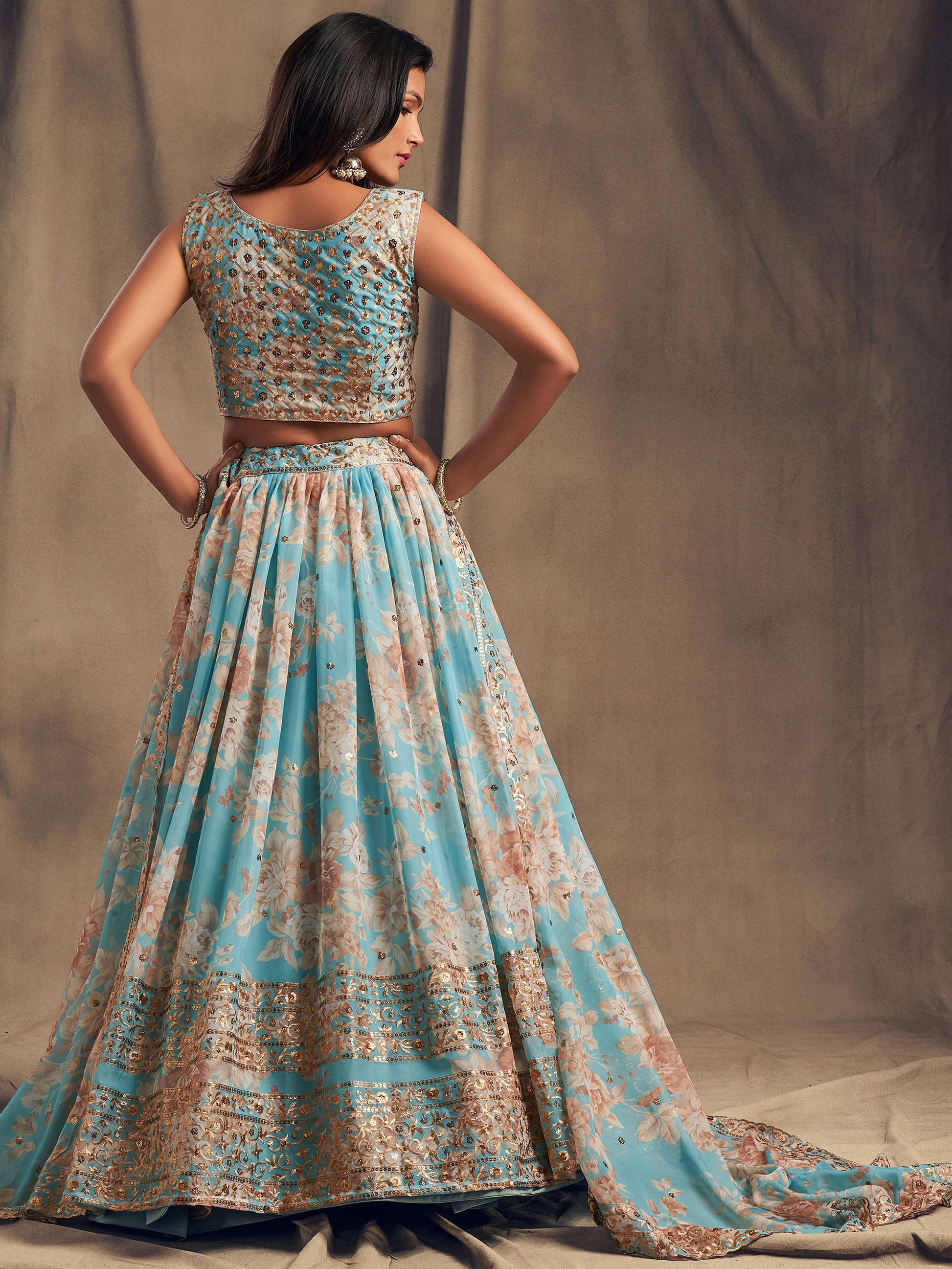 Sky Blue Floral Printed Organza Festival Lehenga Choli