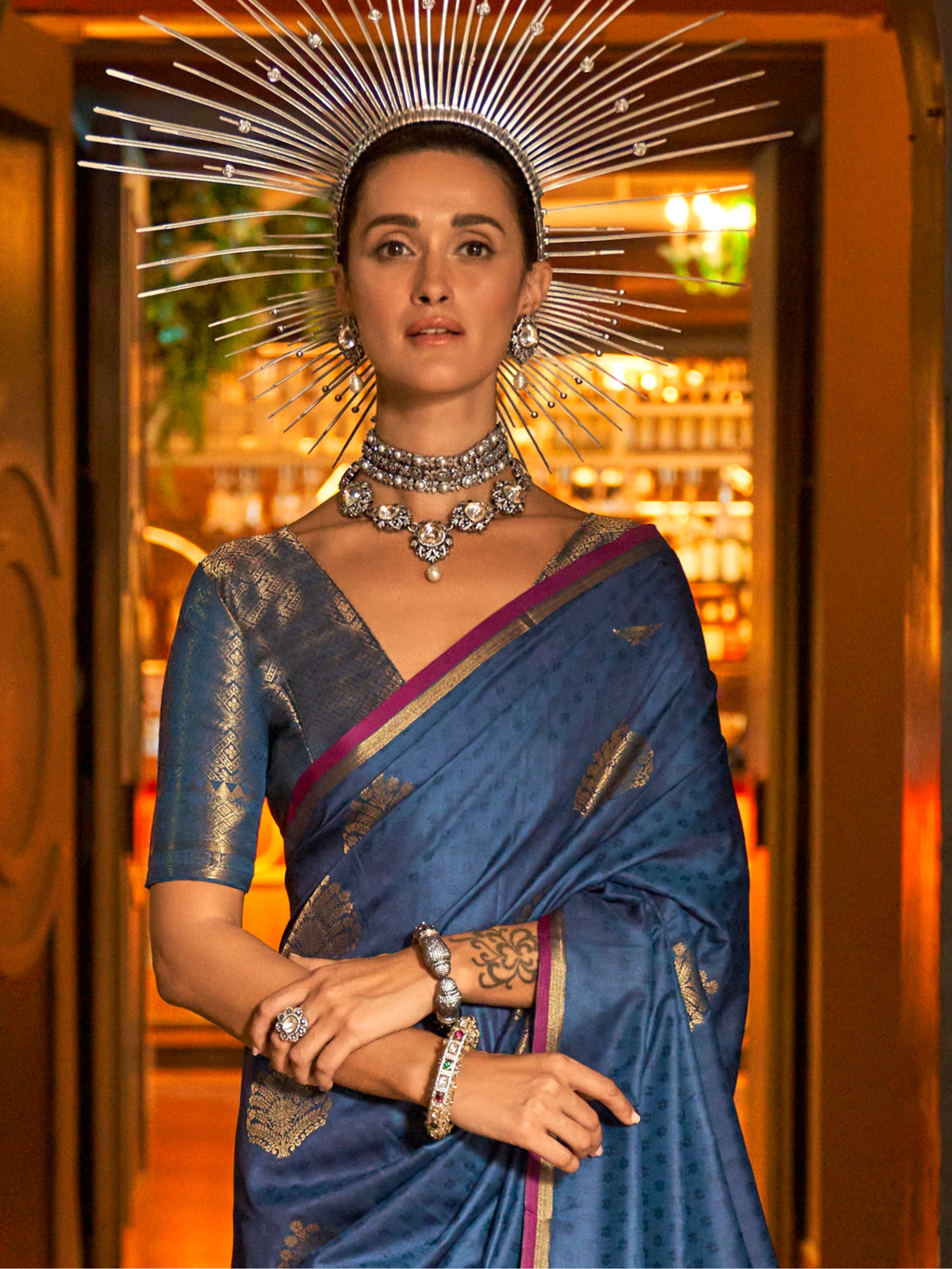Fascinating Navy Blue Zari Weaving Silk Festival Wear Saree With Blouse