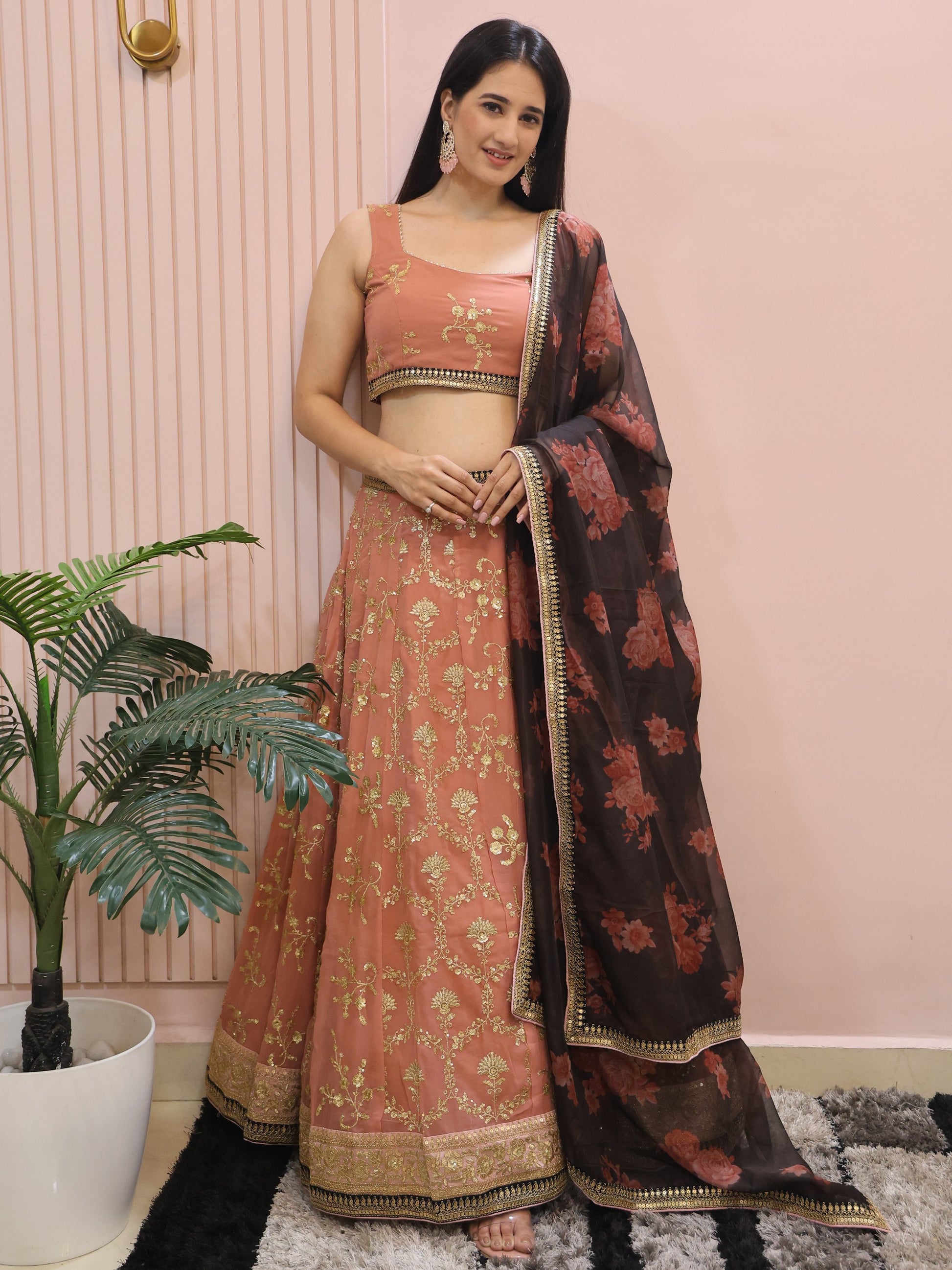 Marvelous Peach Sequins Georgette Bridesmaid Lehenga Choli With Dupatta