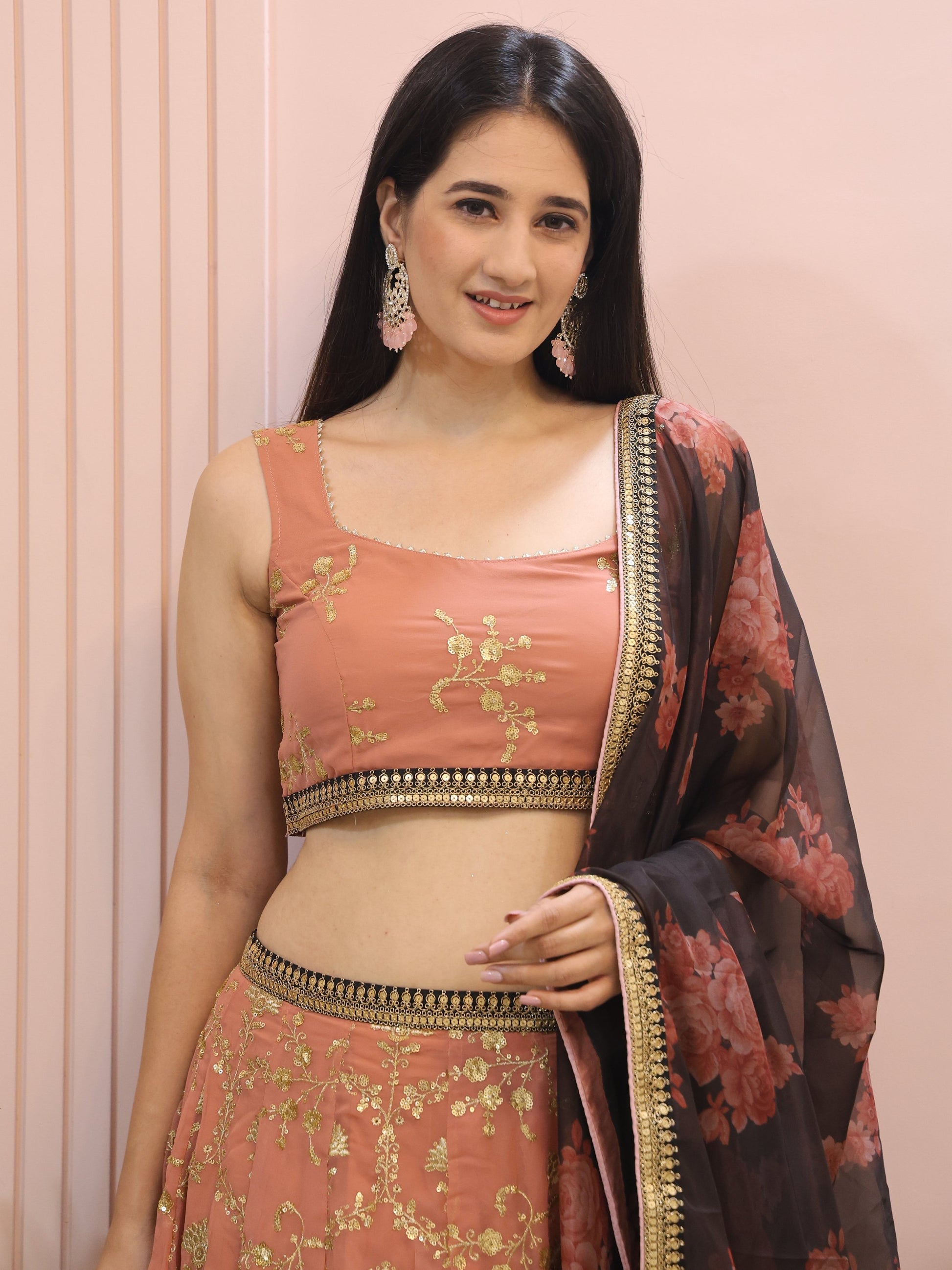 Marvelous Peach Sequins Georgette Bridesmaid Lehenga Choli With Dupatta