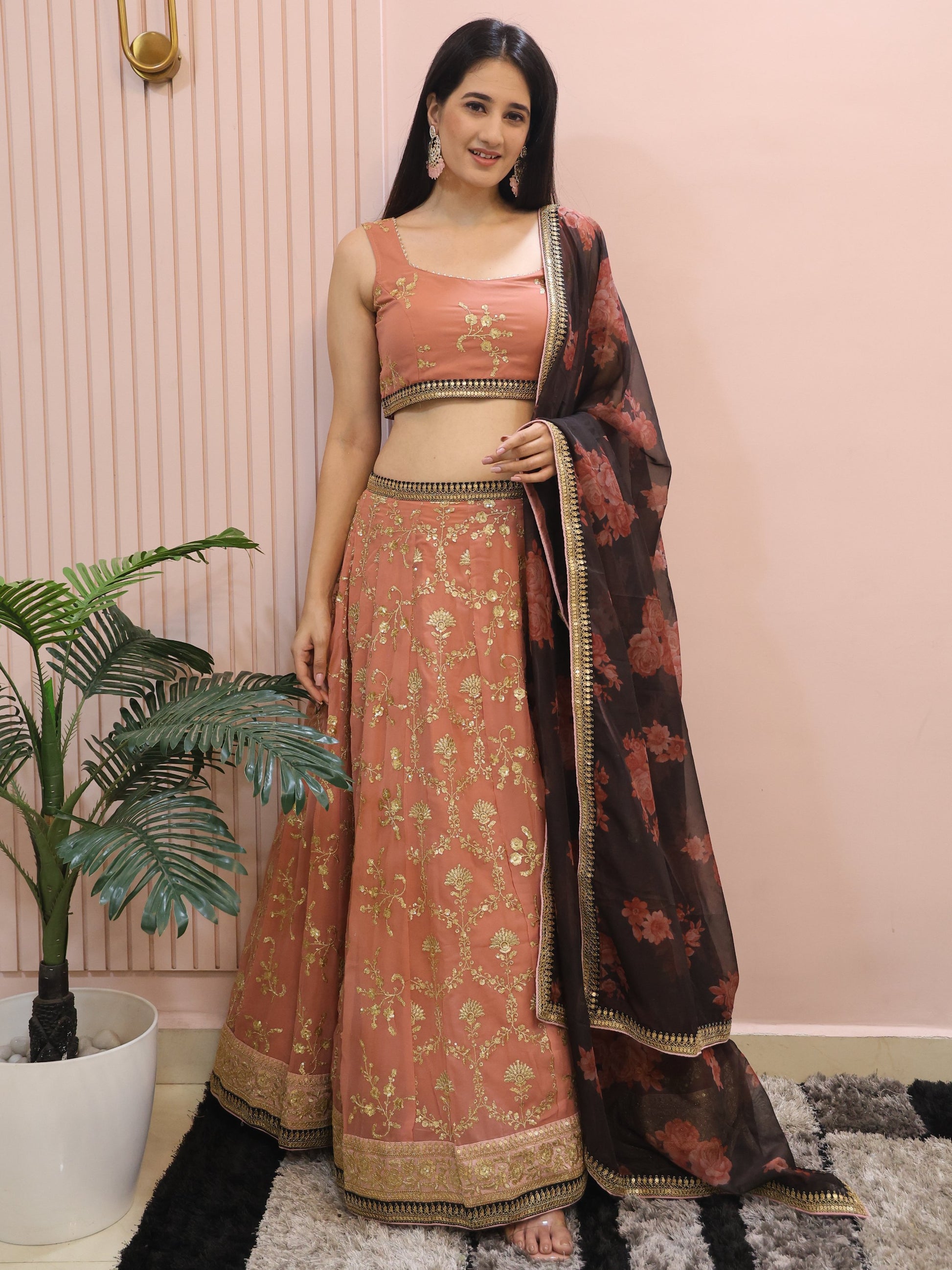 Marvelous Peach Sequins Georgette Bridesmaid Lehenga Choli With Dupatta