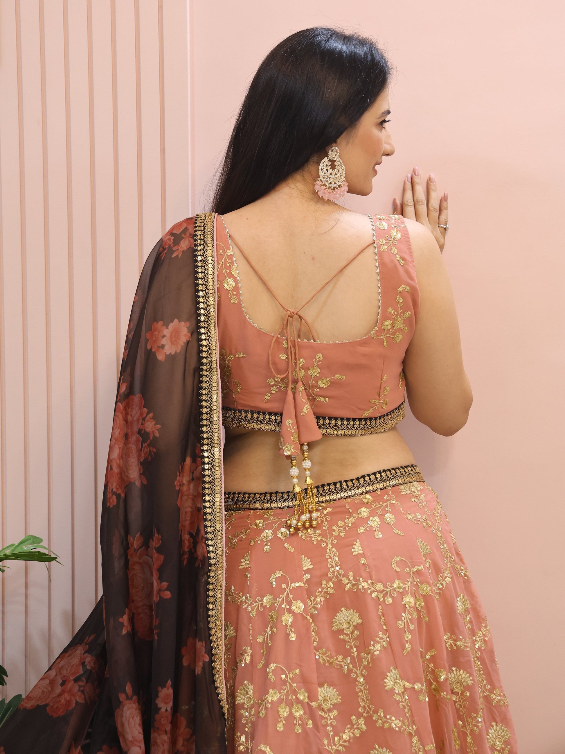 Marvelous Peach Sequins Georgette Bridesmaid Lehenga Choli With Dupatta
