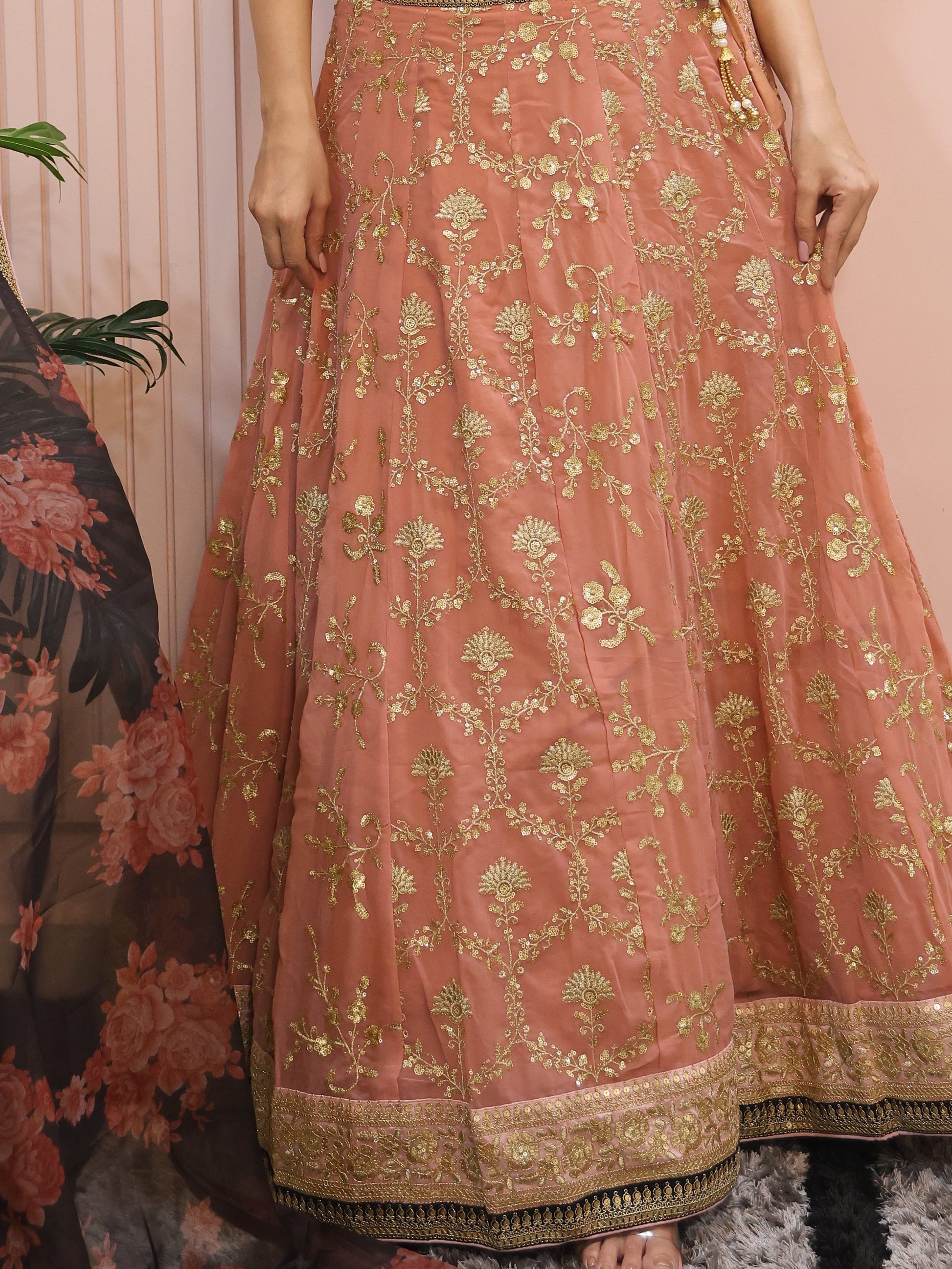 Marvelous Peach Sequins Georgette Bridesmaid Lehenga Choli With Dupatta