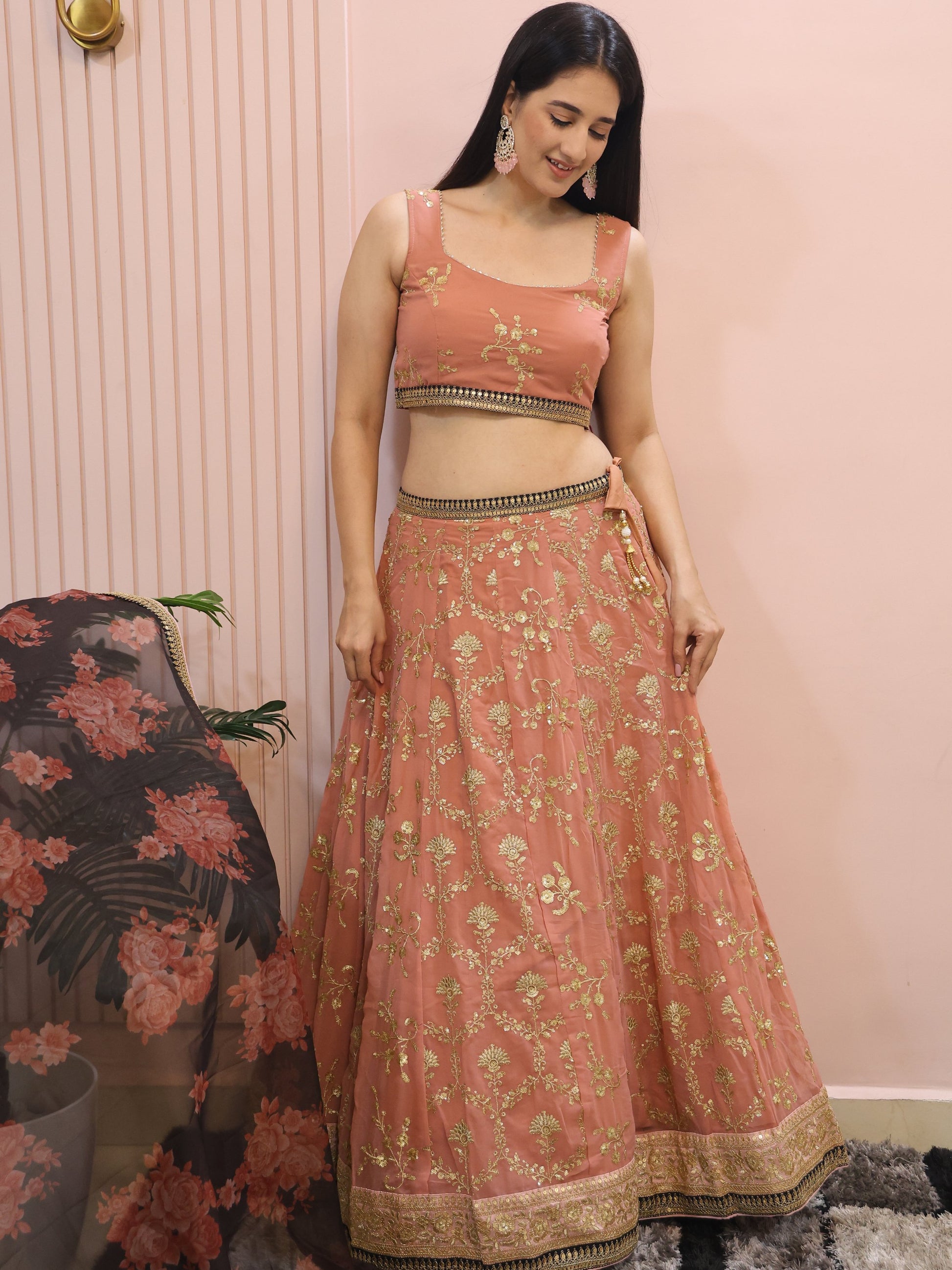 Marvelous Peach Sequins Georgette Bridesmaid Lehenga Choli With Dupatta