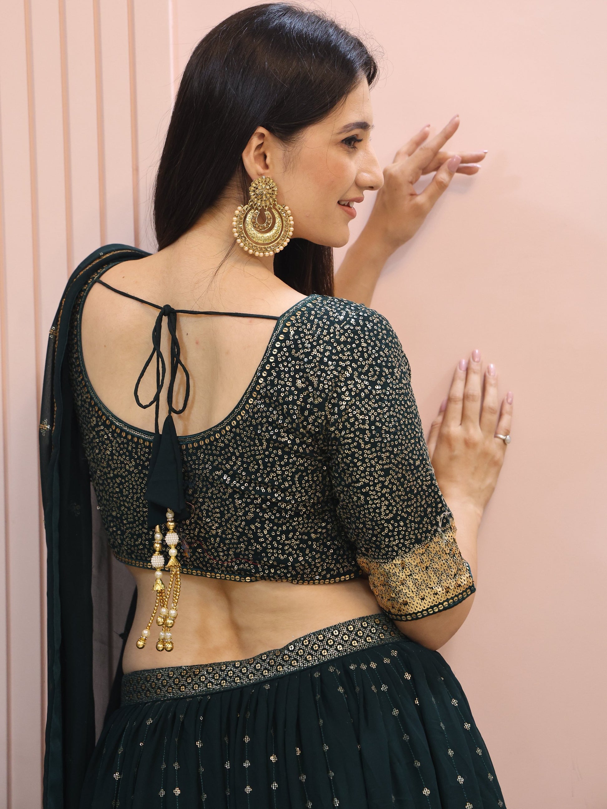 Glamorous Dark Green Sequins Georgette Party Wear Lehenga Choli With Dupatta