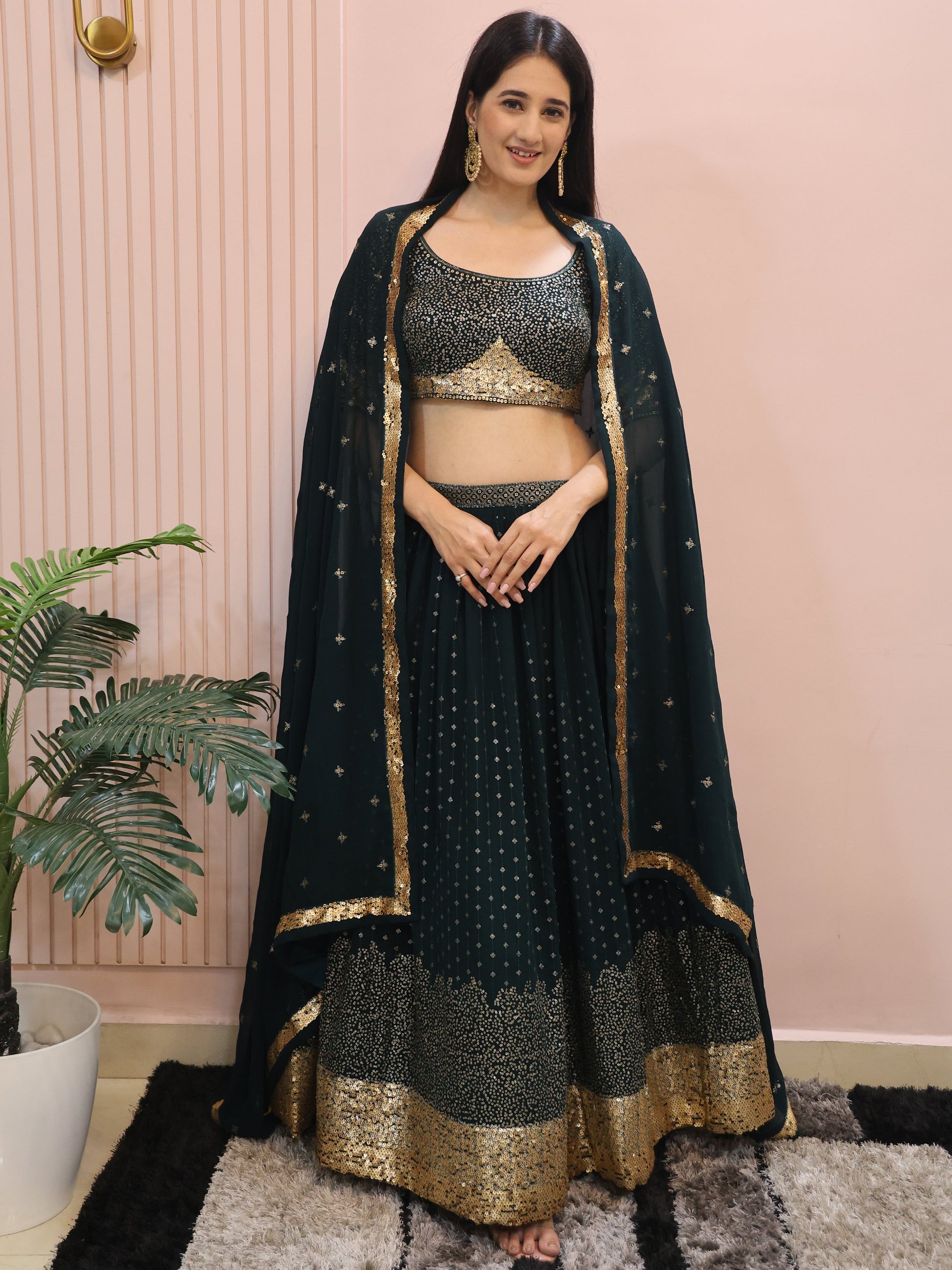 Glamorous Dark Green Sequins Georgette Party Wear Lehenga Choli With Dupatta