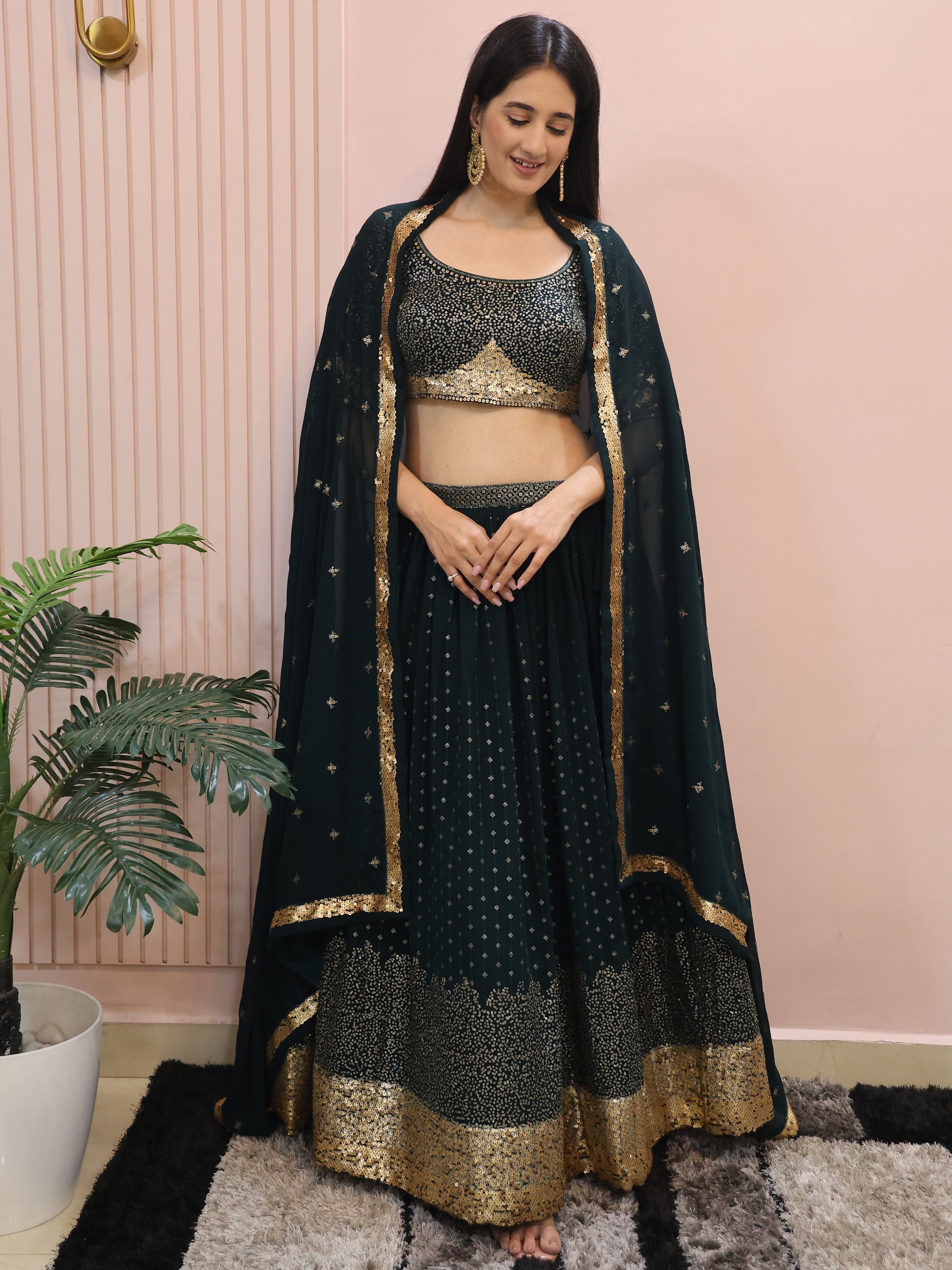Glamorous Dark Green Sequins Georgette Party Wear Lehenga Choli With Dupatta