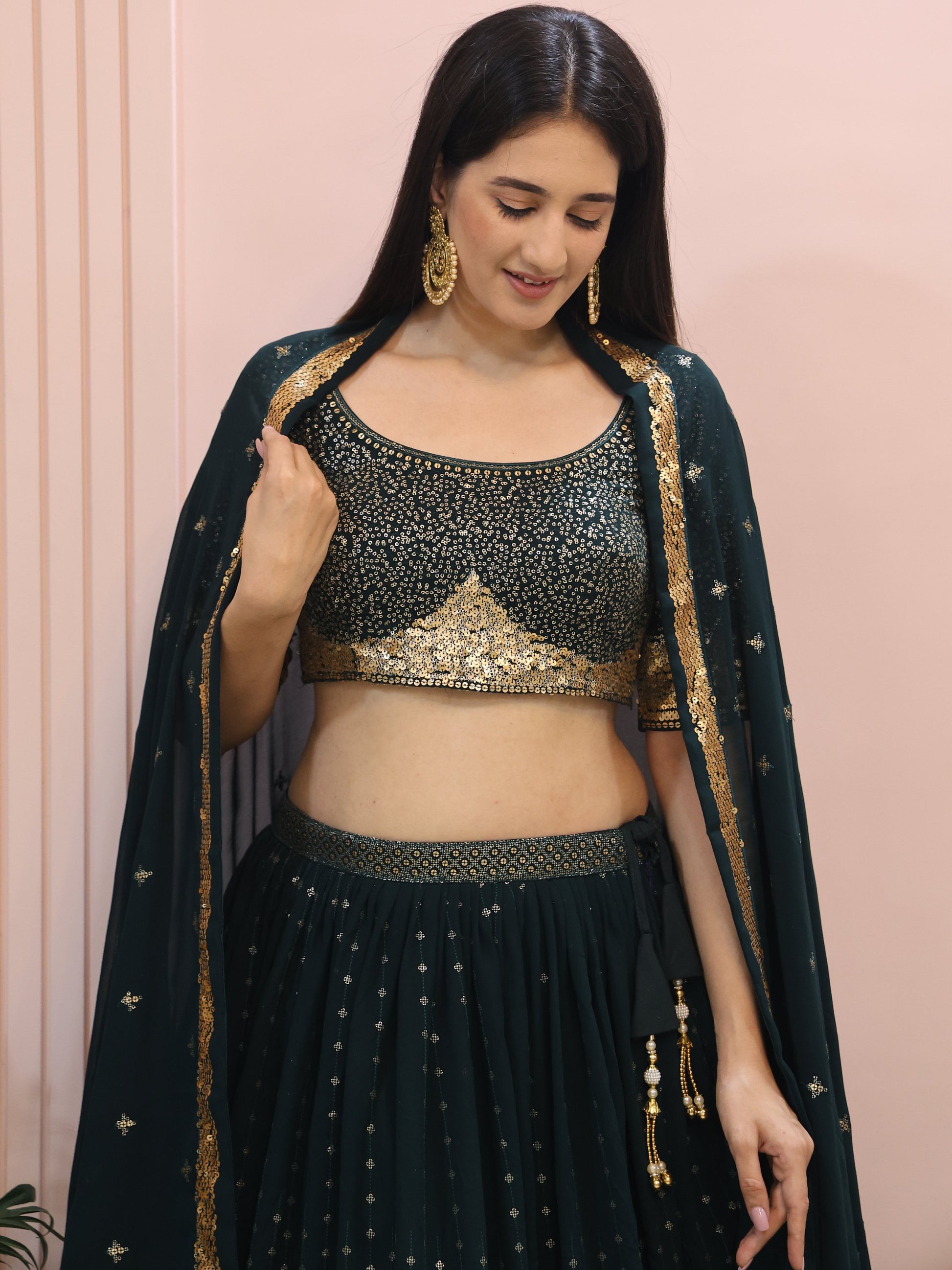 Glamorous Dark Green Sequins Georgette Party Wear Lehenga Choli With Dupatta