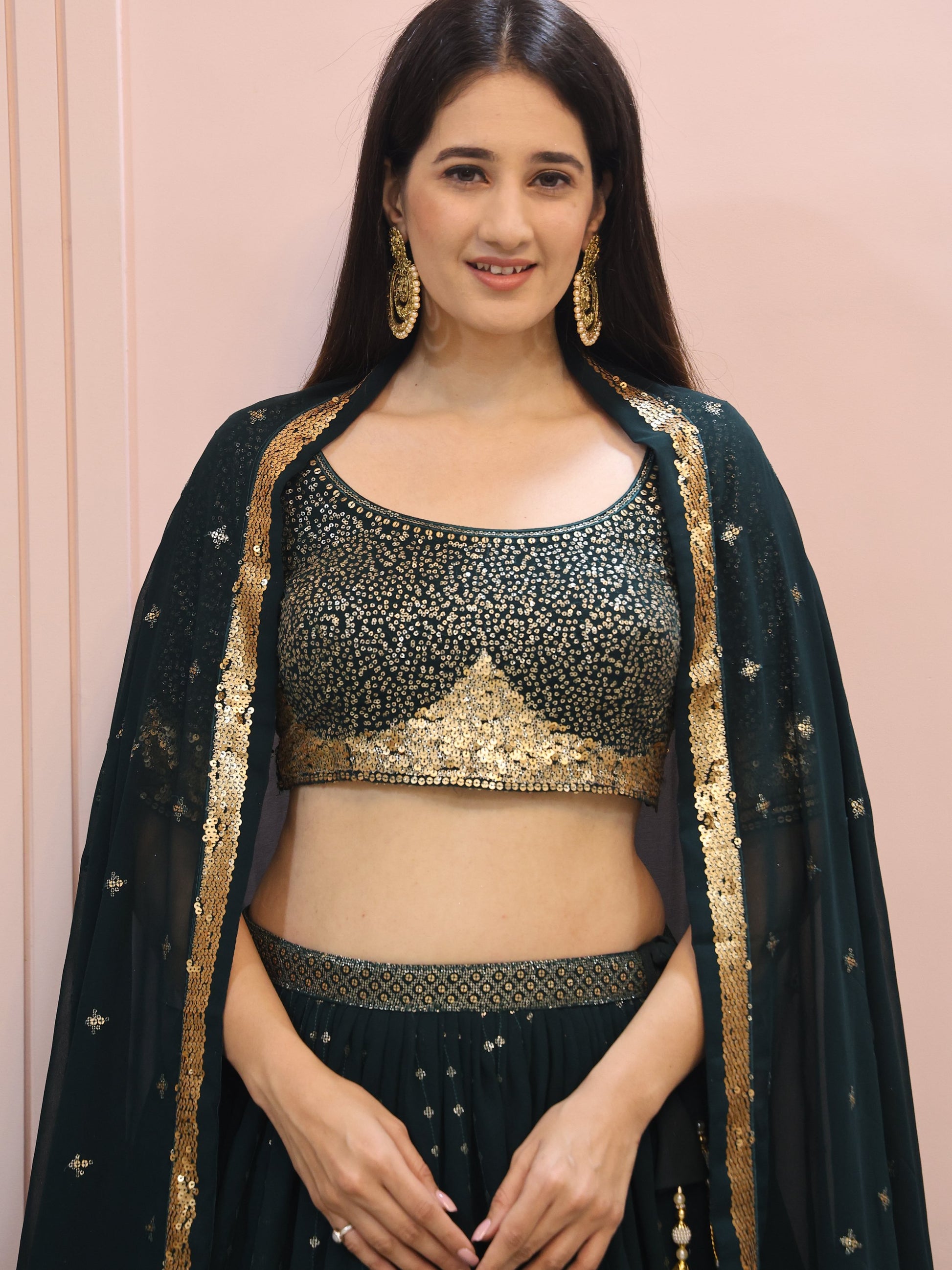 Glamorous Dark Green Sequins Georgette Party Wear Lehenga Choli With Dupatta