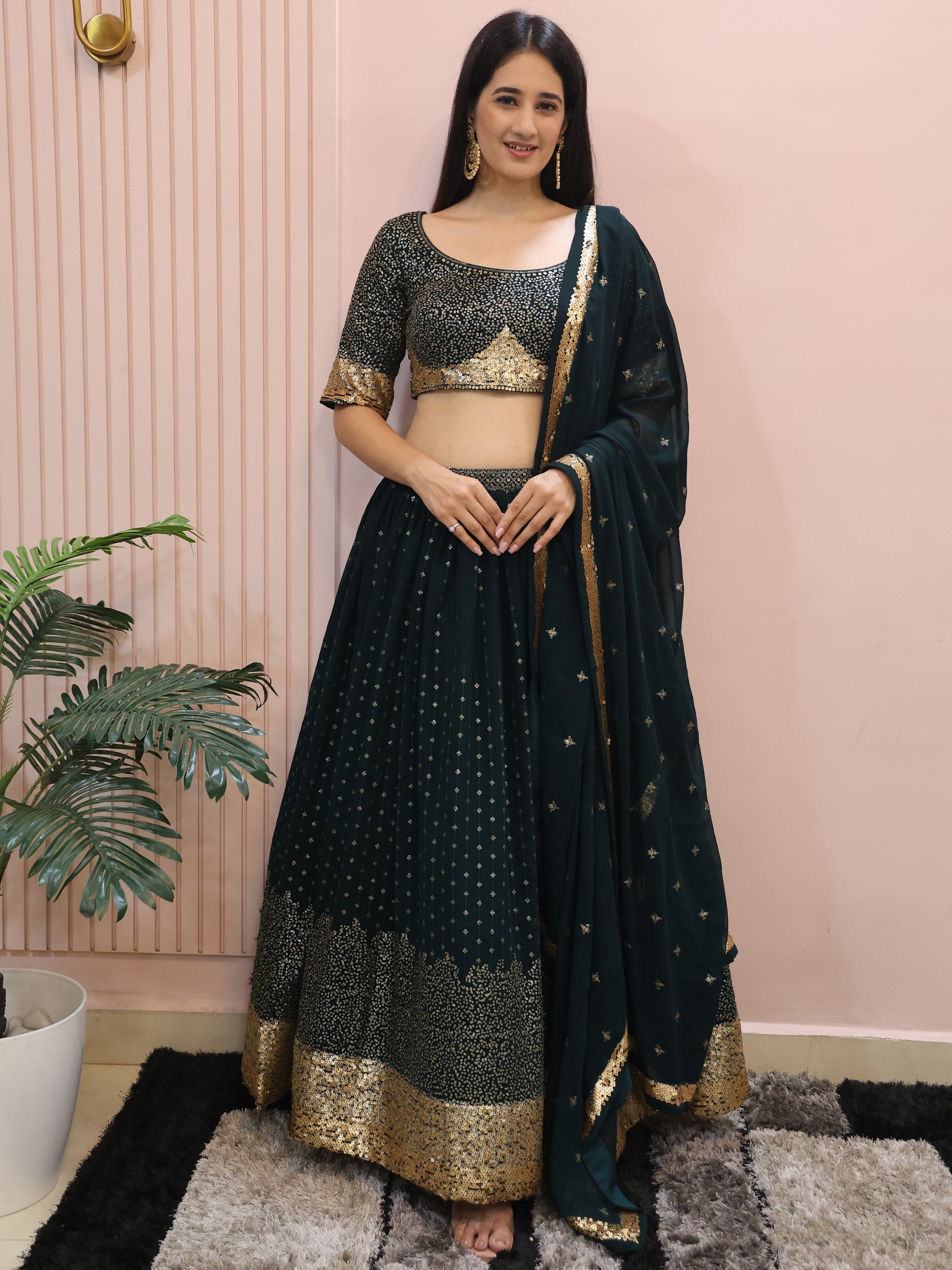Glamorous Dark Green Sequins Georgette Party Wear Lehenga Choli With Dupatta