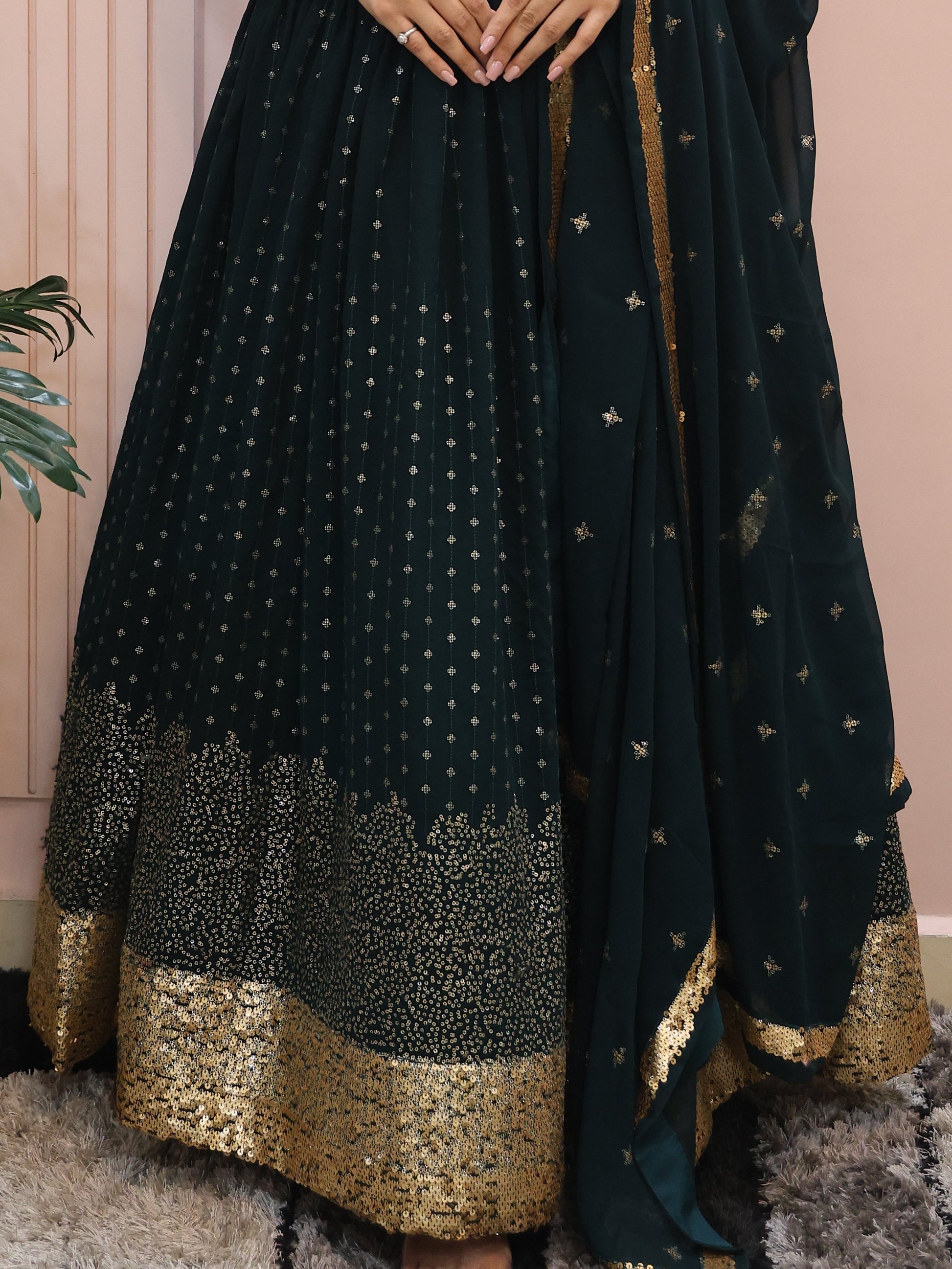 Glamorous Dark Green Sequins Georgette Party Wear Lehenga Choli With Dupatta