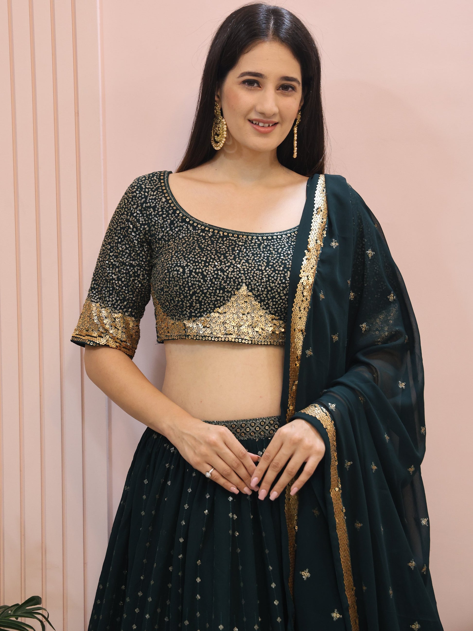 Glamorous Dark Green Sequins Georgette Party Wear Lehenga Choli With Dupatta