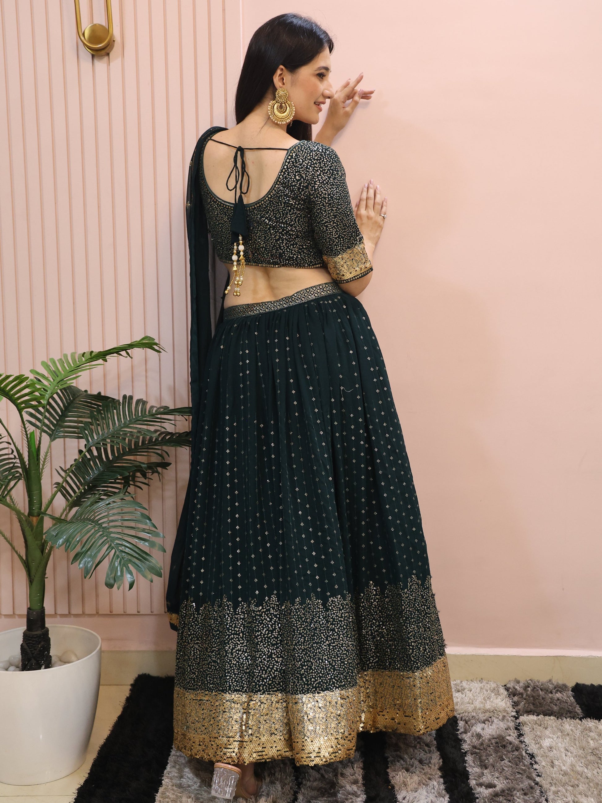 Glamorous Dark Green Sequins Georgette Party Wear Lehenga Choli With Dupatta