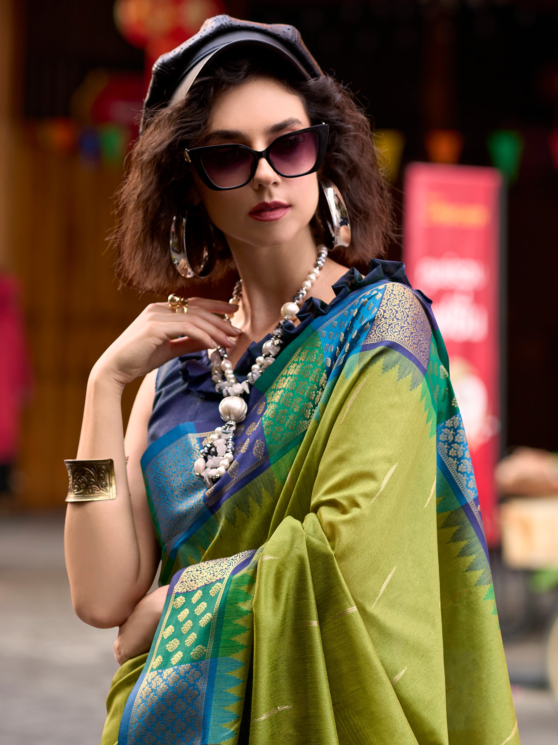 Excellent Olive Green Zari Weaving Banarasi Silk Saree With Blouse
