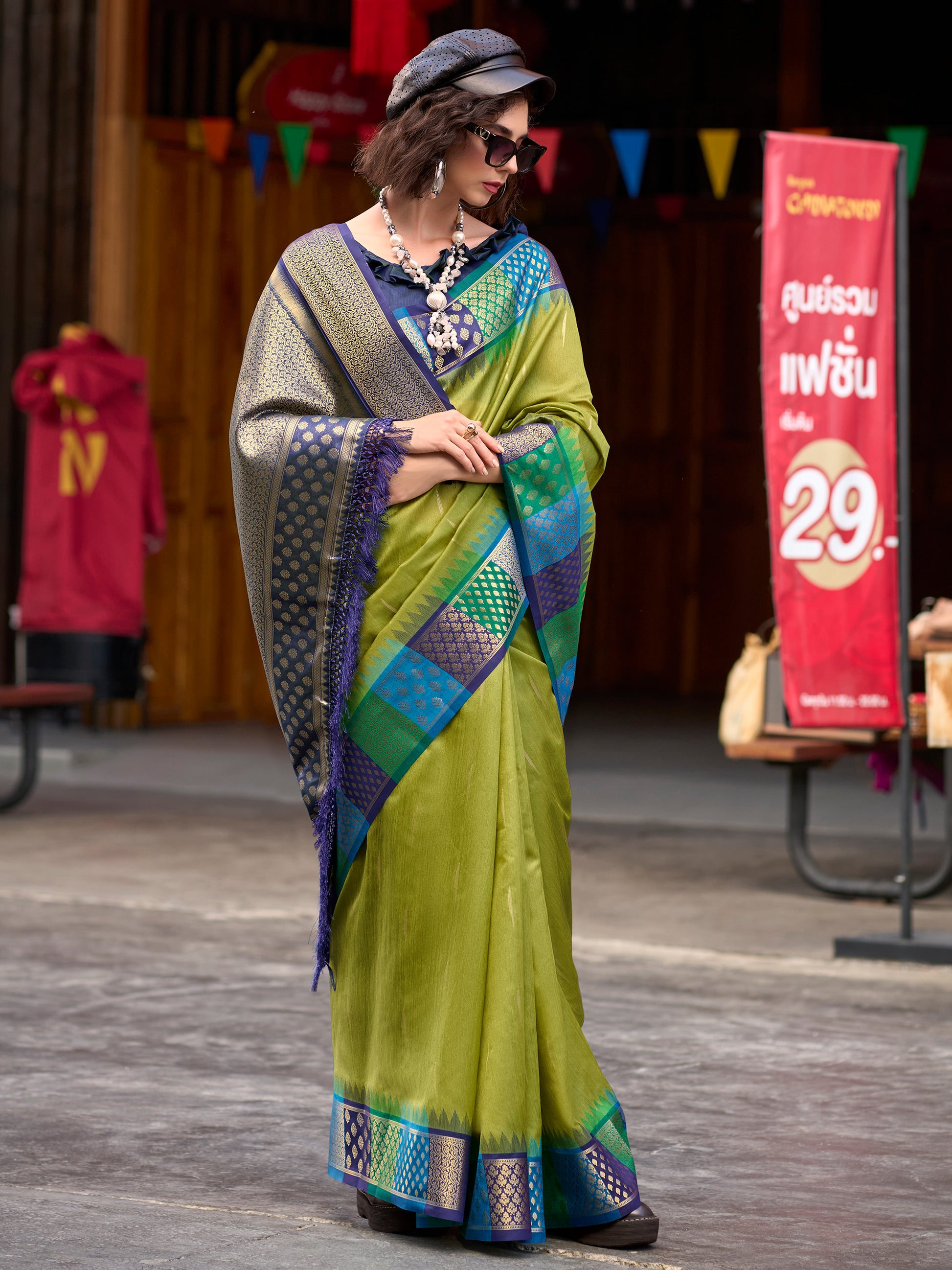 Excellent Olive Green Zari Weaving Banarasi Silk Saree With Blouse