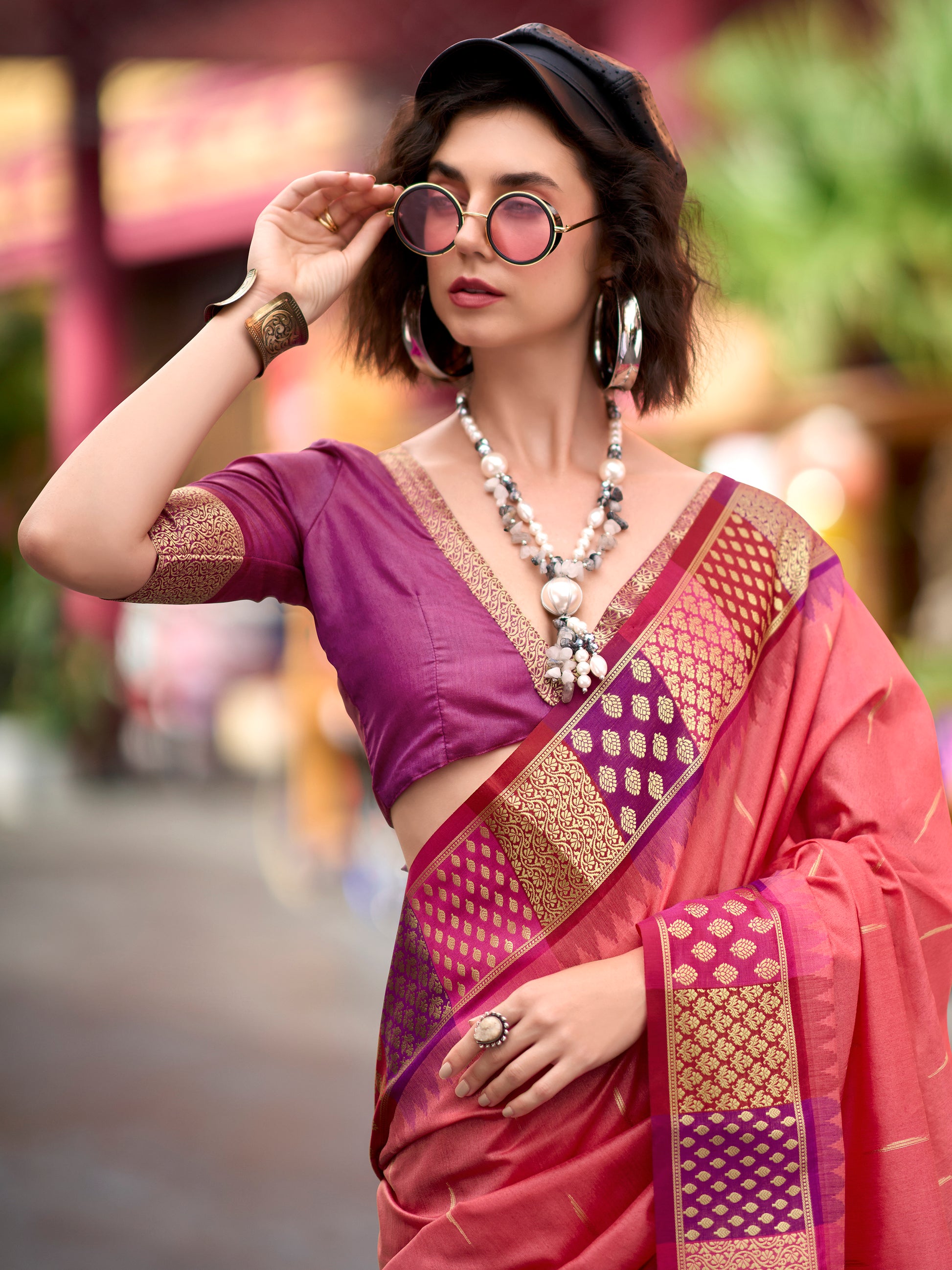 Incredible Coral Red Zari Weaving Banarasi Silk Event Wear Saree