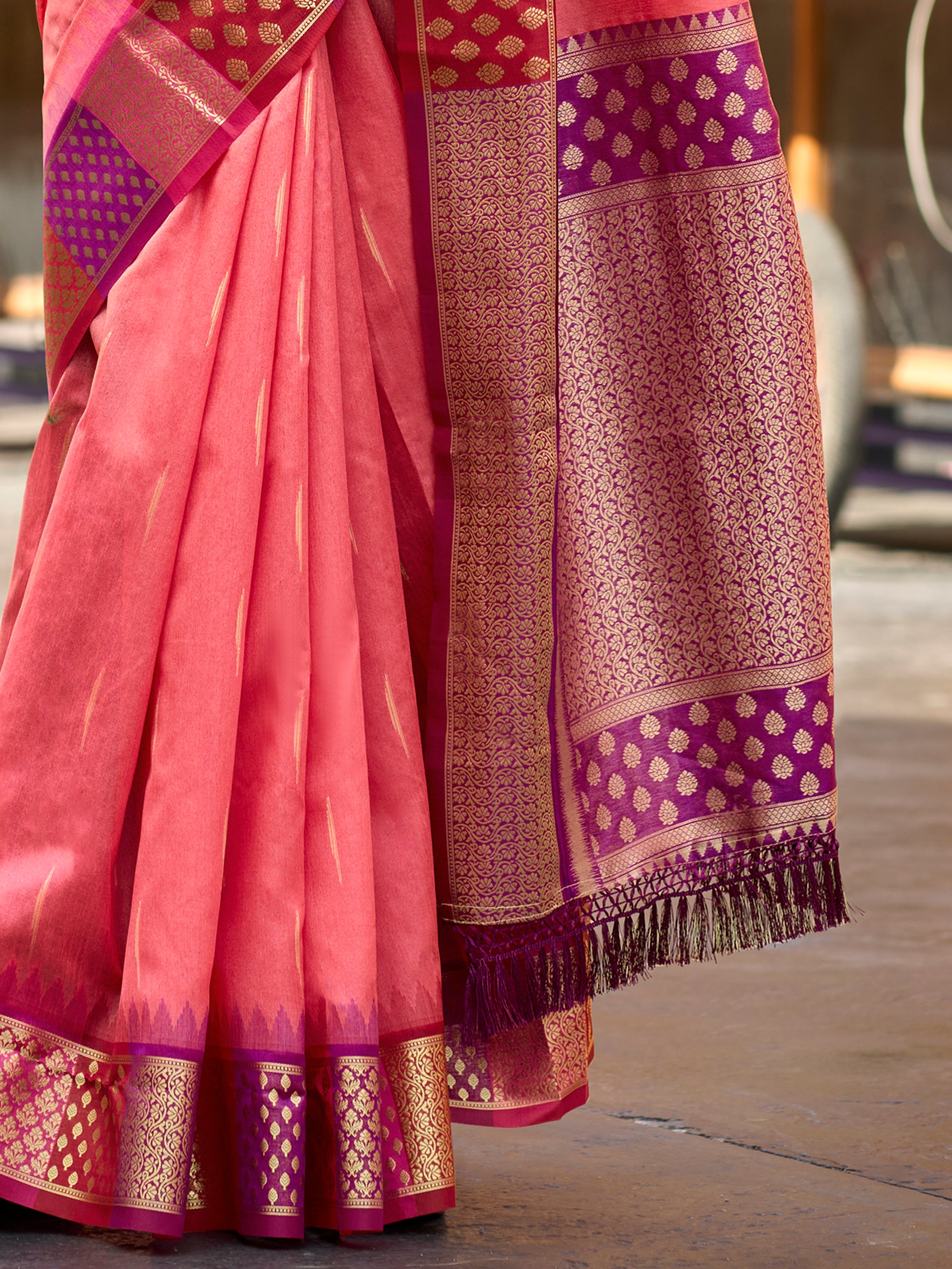 Incredible Coral Red Zari Weaving Banarasi Silk Event Wear Saree