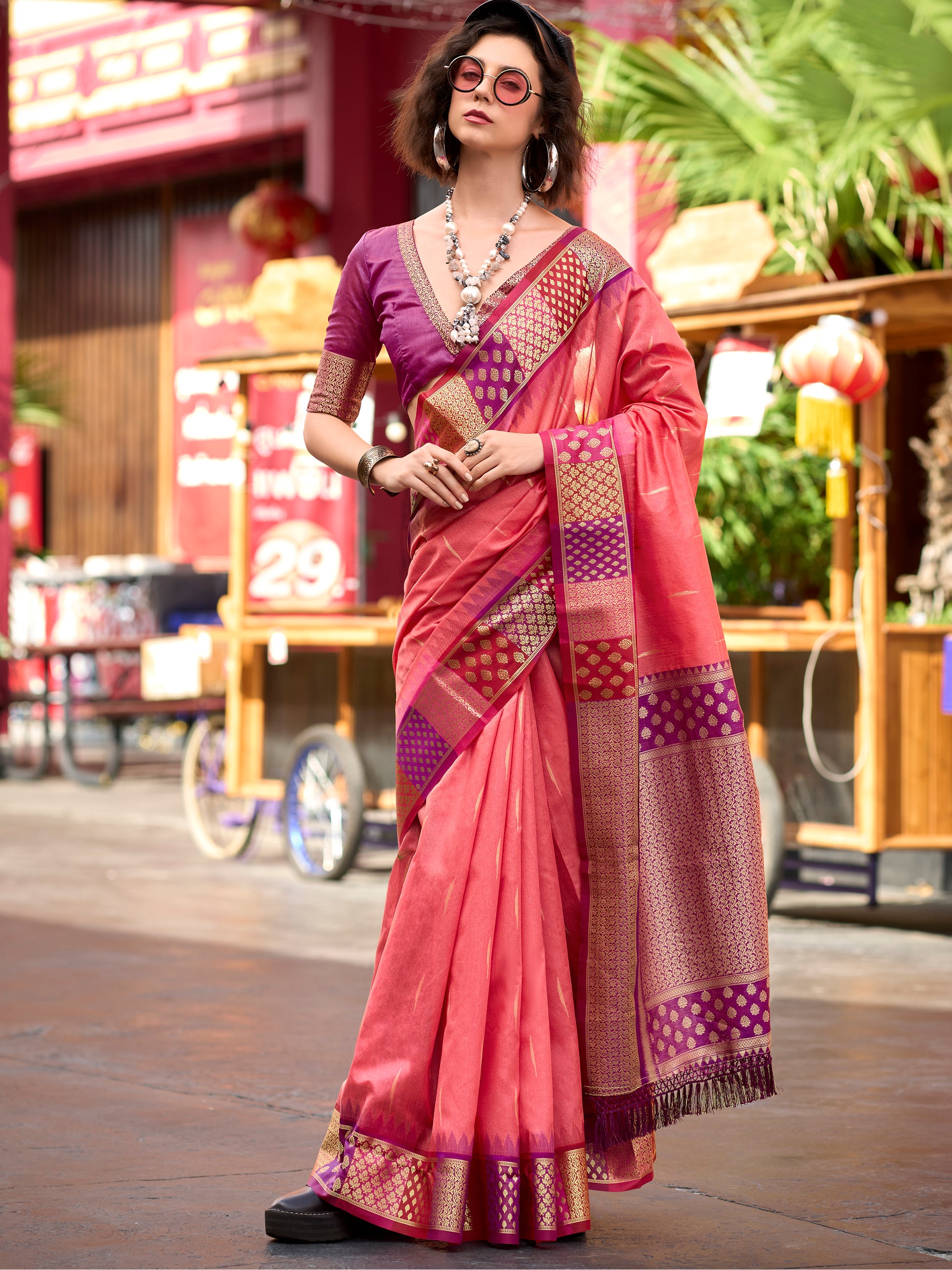 Incredible Coral Red Zari Weaving Banarasi Silk Event Wear Saree