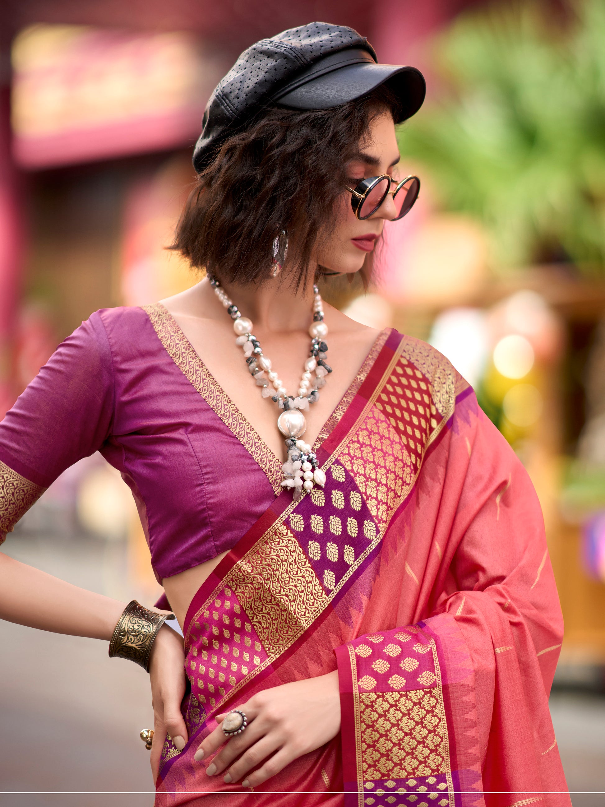 Incredible Coral Red Zari Weaving Banarasi Silk Event Wear Saree