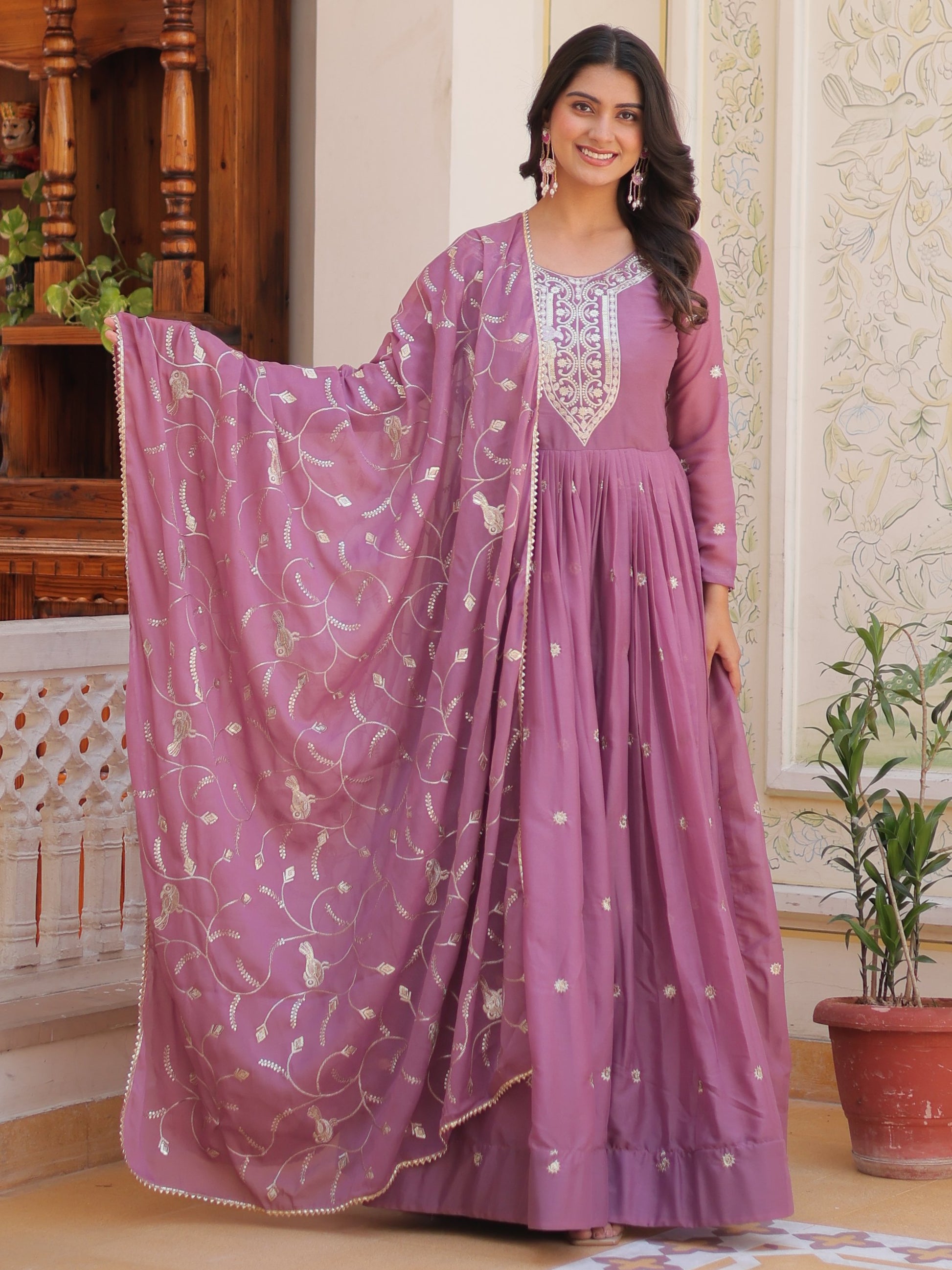 Lovely Pink Sequins Work Georgette Party Wear Gown With Dupatta