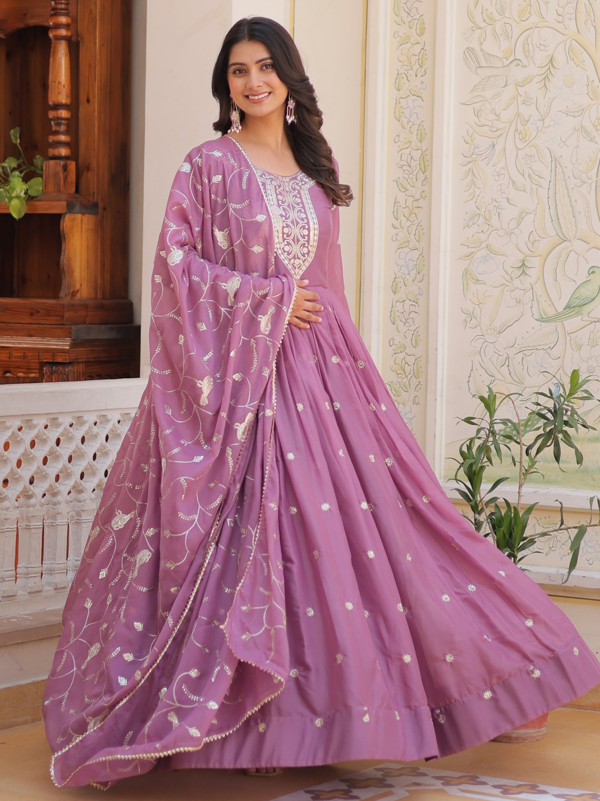 Lovely Pink Sequins Work Georgette Party Wear Gown With Dupatta