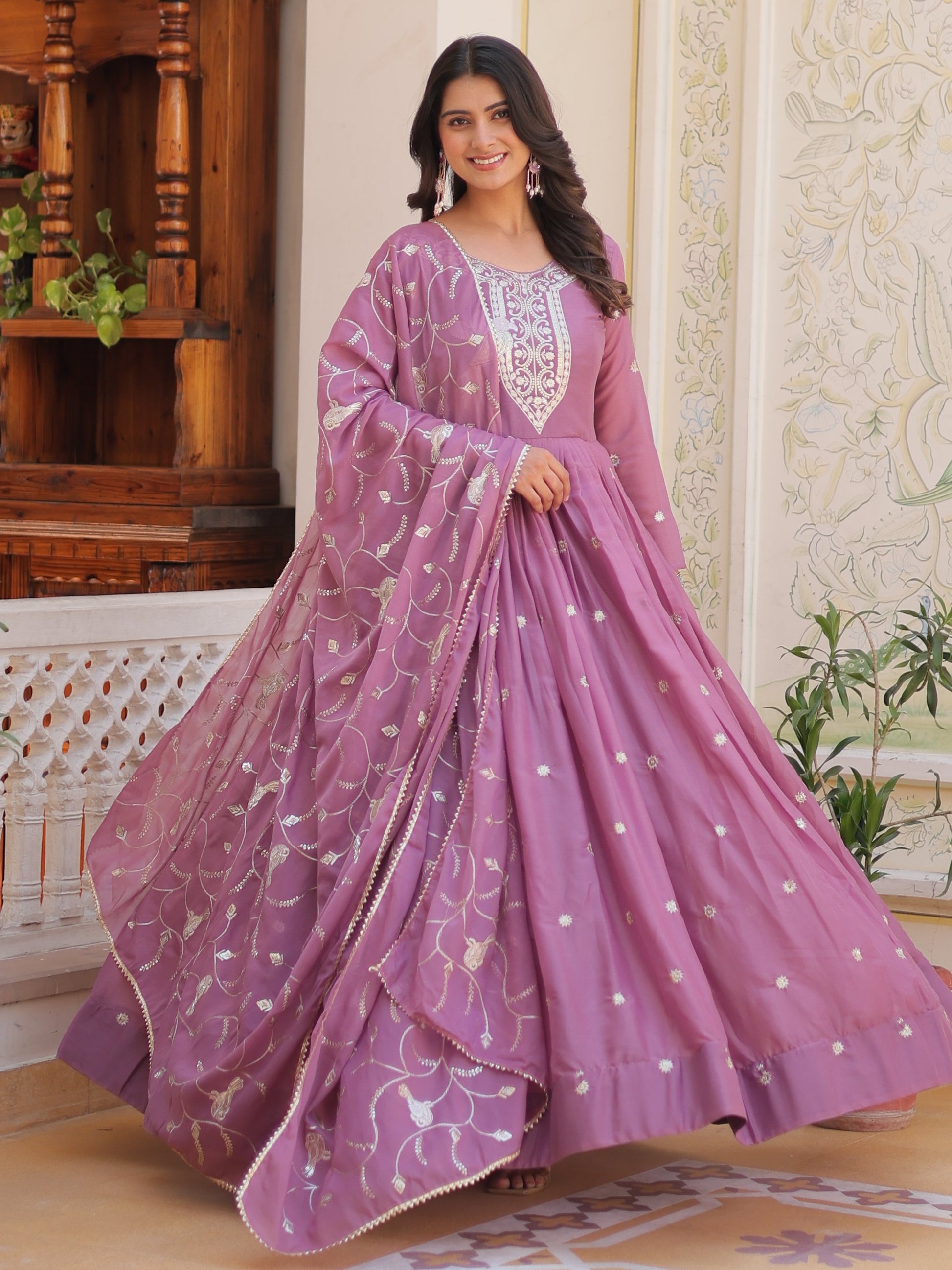 Lovely Pink Sequins Work Georgette Party Wear Gown With Dupatta