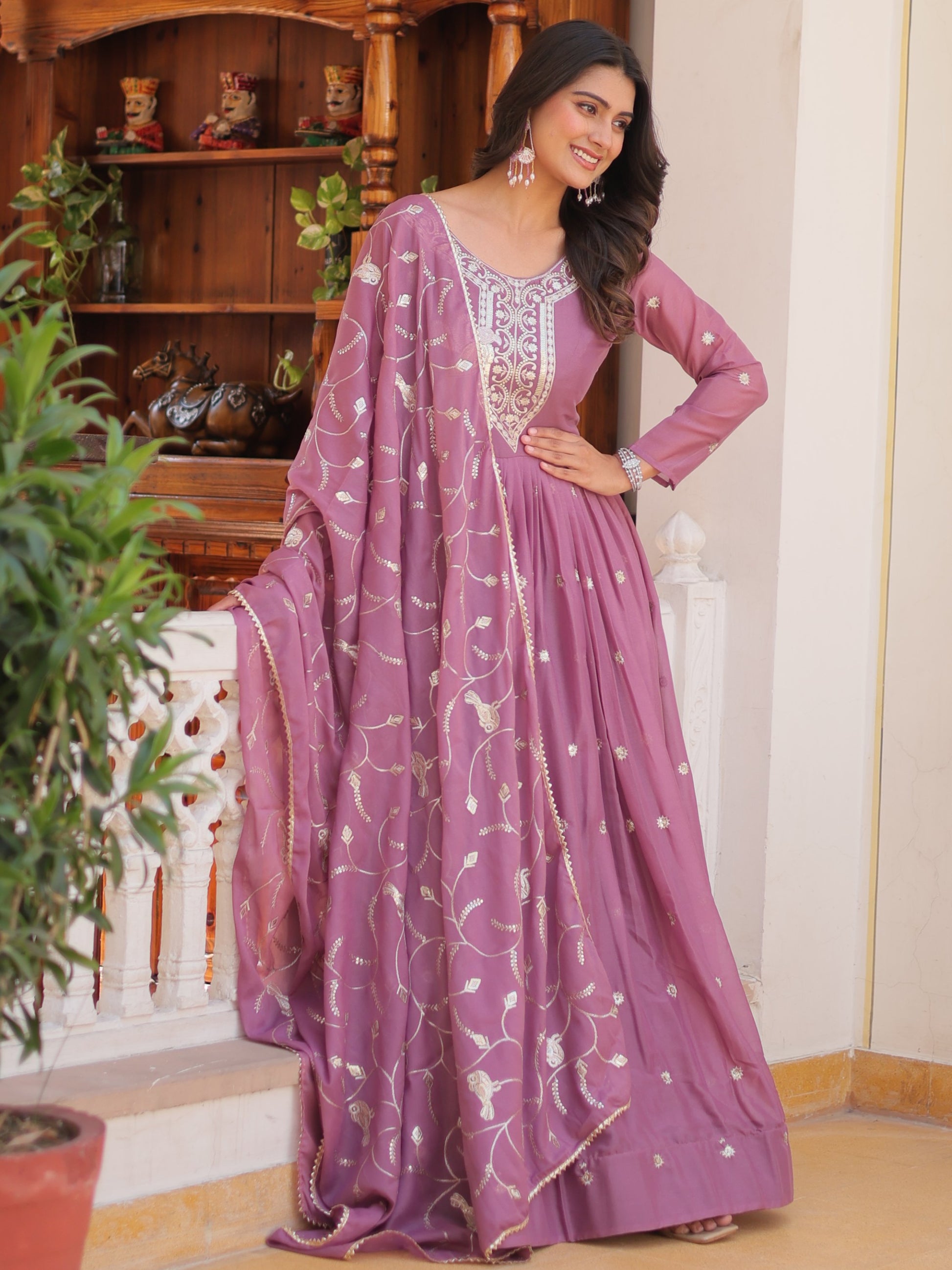 Lovely Pink Sequins Work Georgette Party Wear Gown With Dupatta