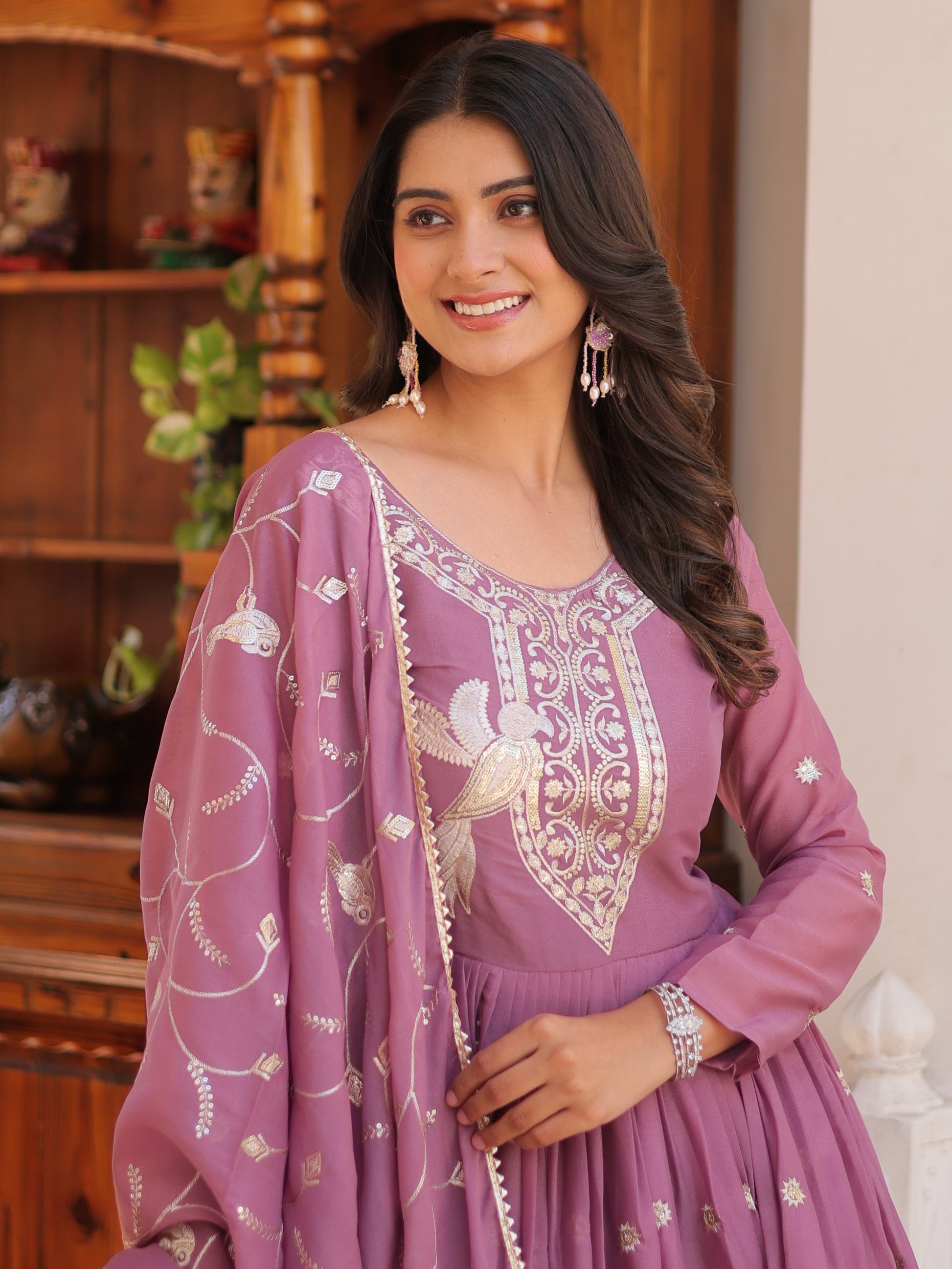 Lovely Pink Sequins Work Georgette Party Wear Gown With Dupatta
