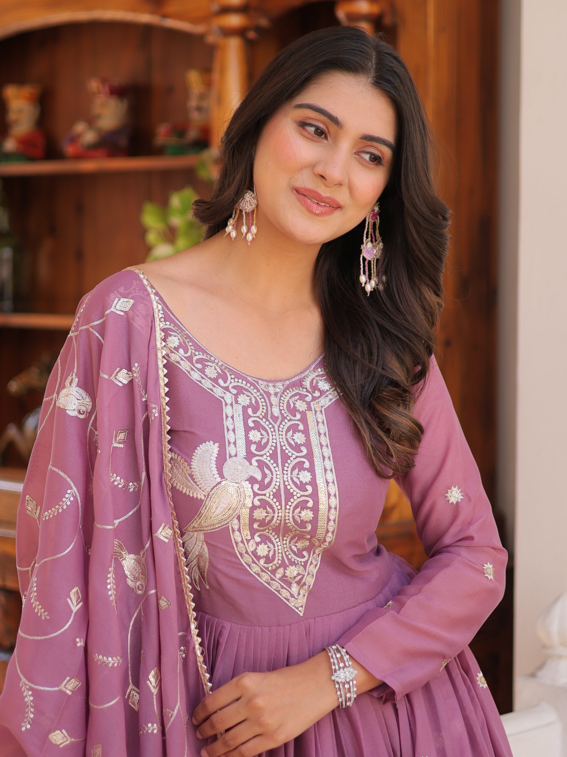 Lovely Pink Sequins Work Georgette Party Wear Gown With Dupatta