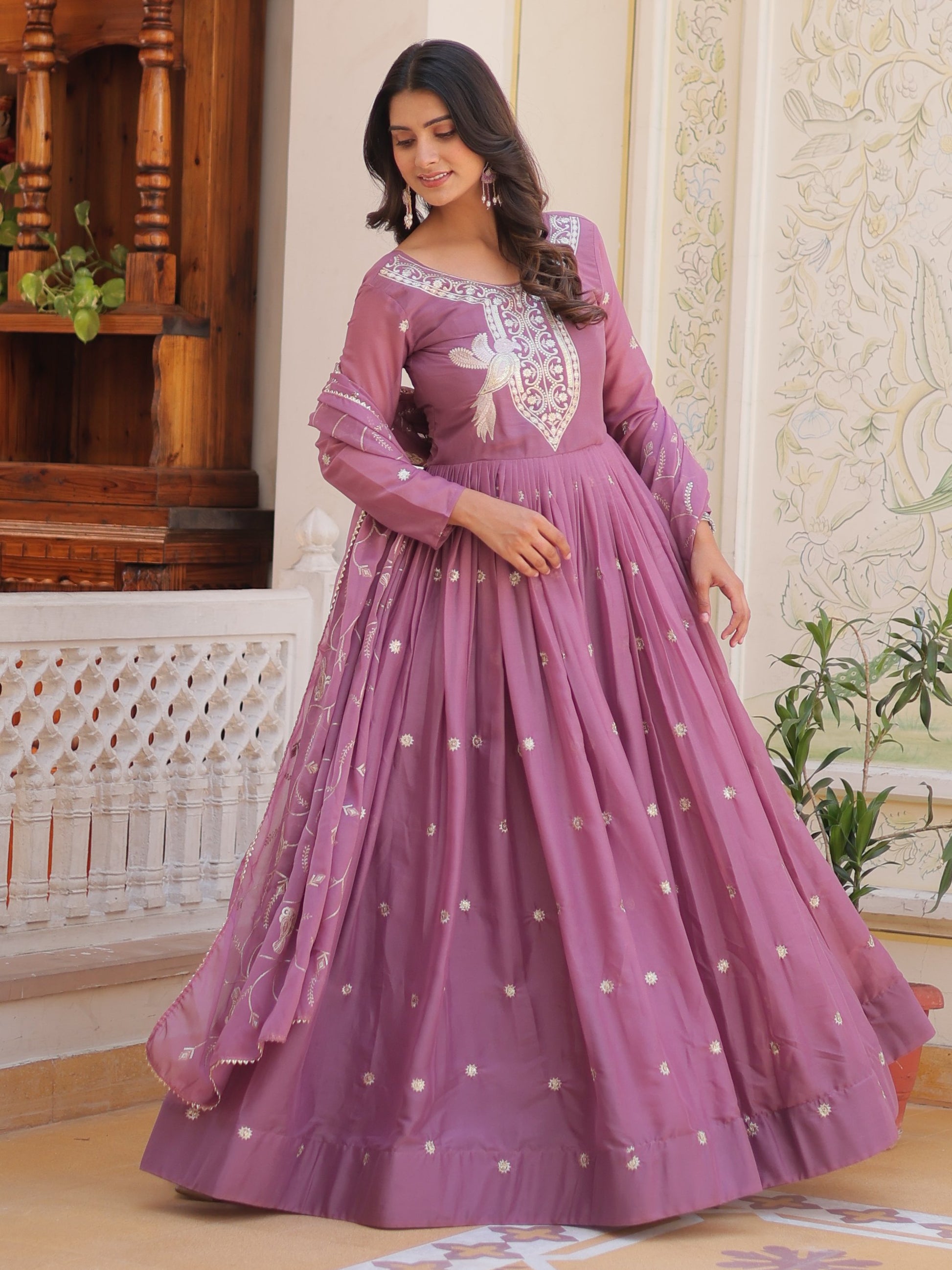 Lovely Pink Sequins Work Georgette Party Wear Gown With Dupatta