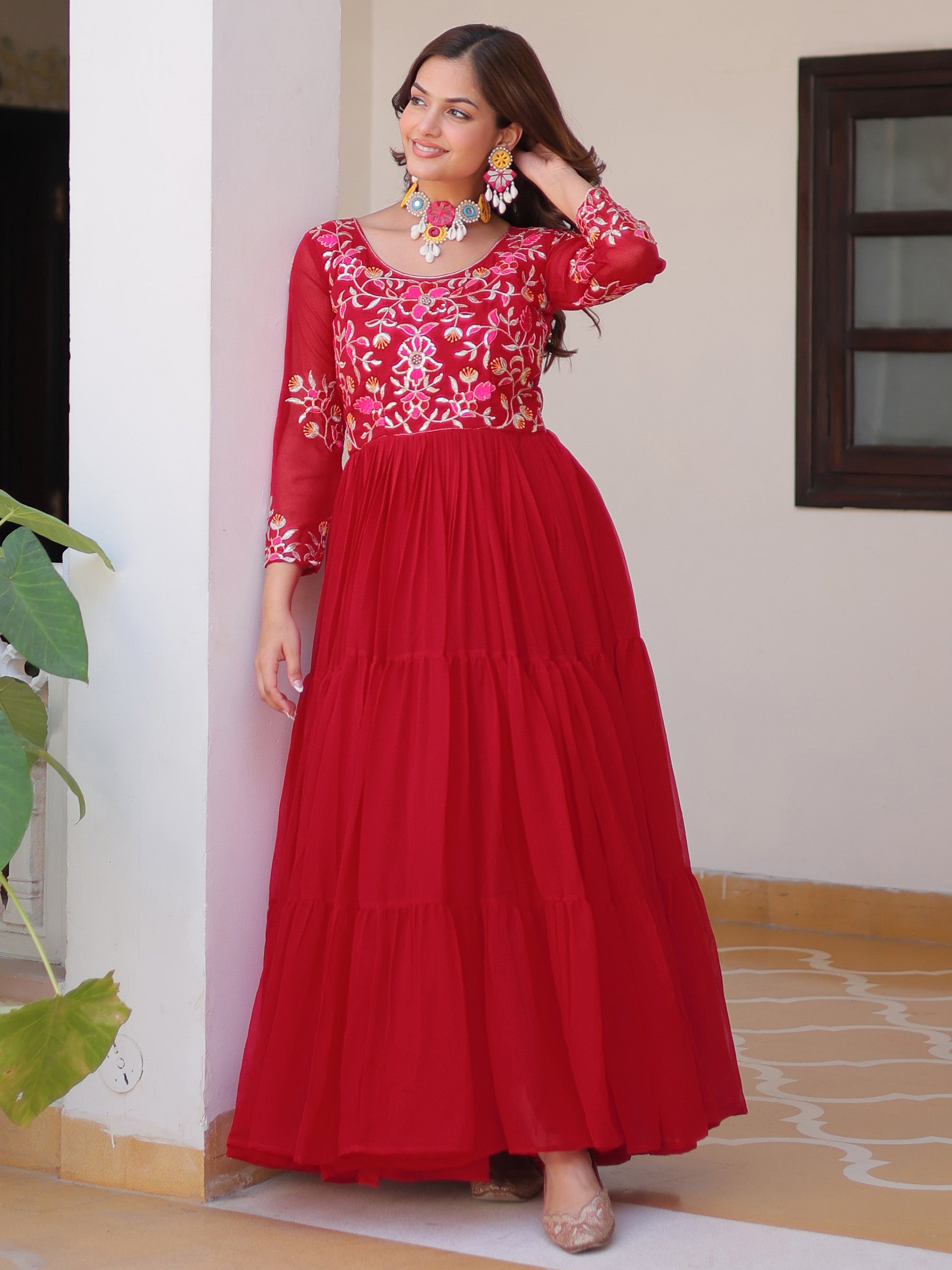 Tantalizing Red Thread Work Georgette Casual Wear Anarkali Gown