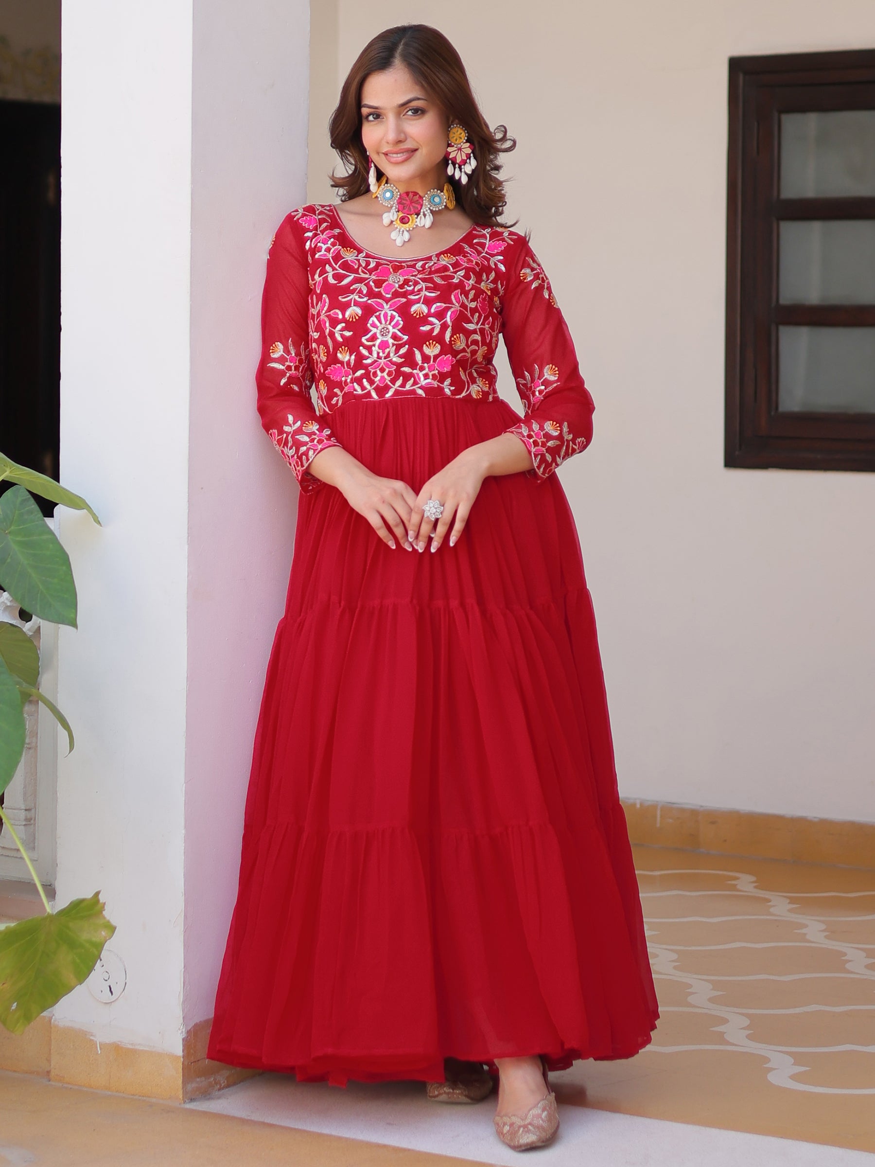 Tantalizing Red Thread Work Georgette Casual Wear Anarkali Gown