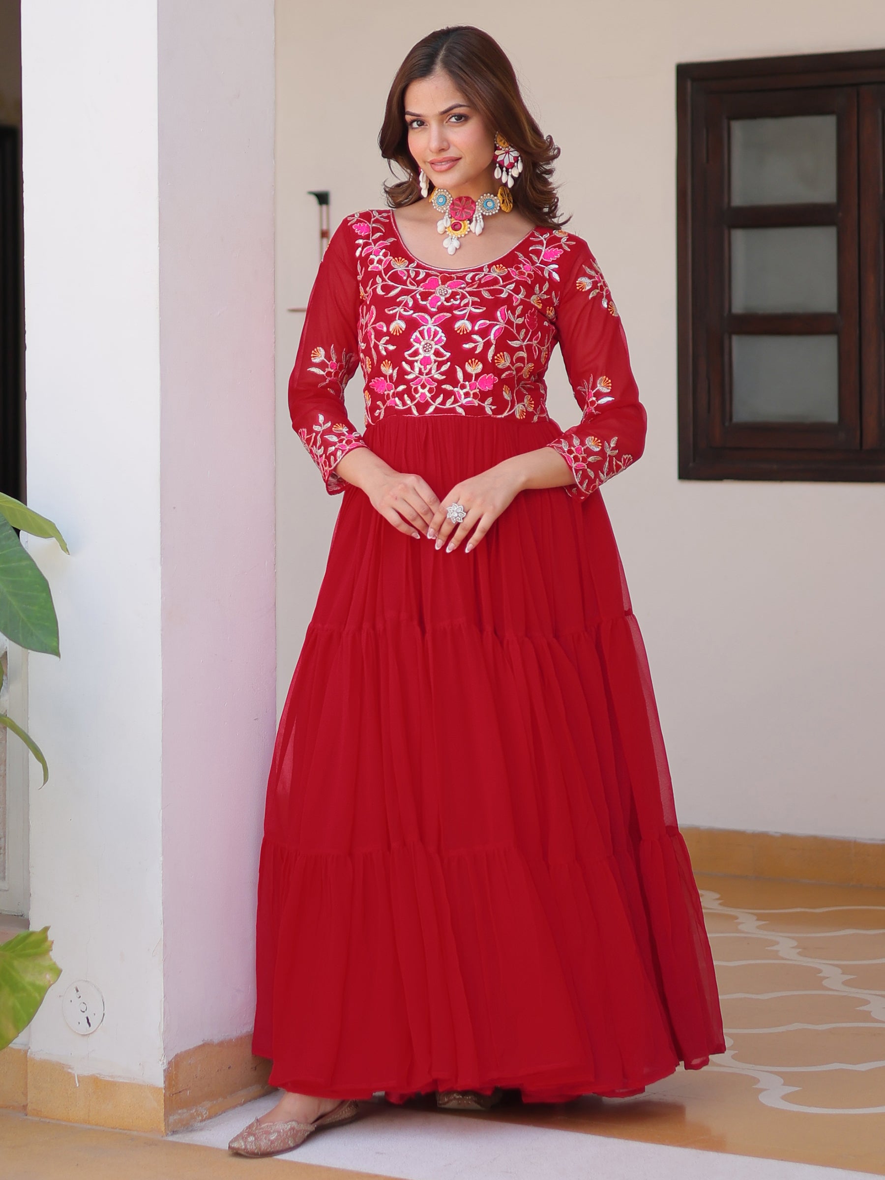 Tantalizing Red Thread Work Georgette Casual Wear Anarkali Gown
