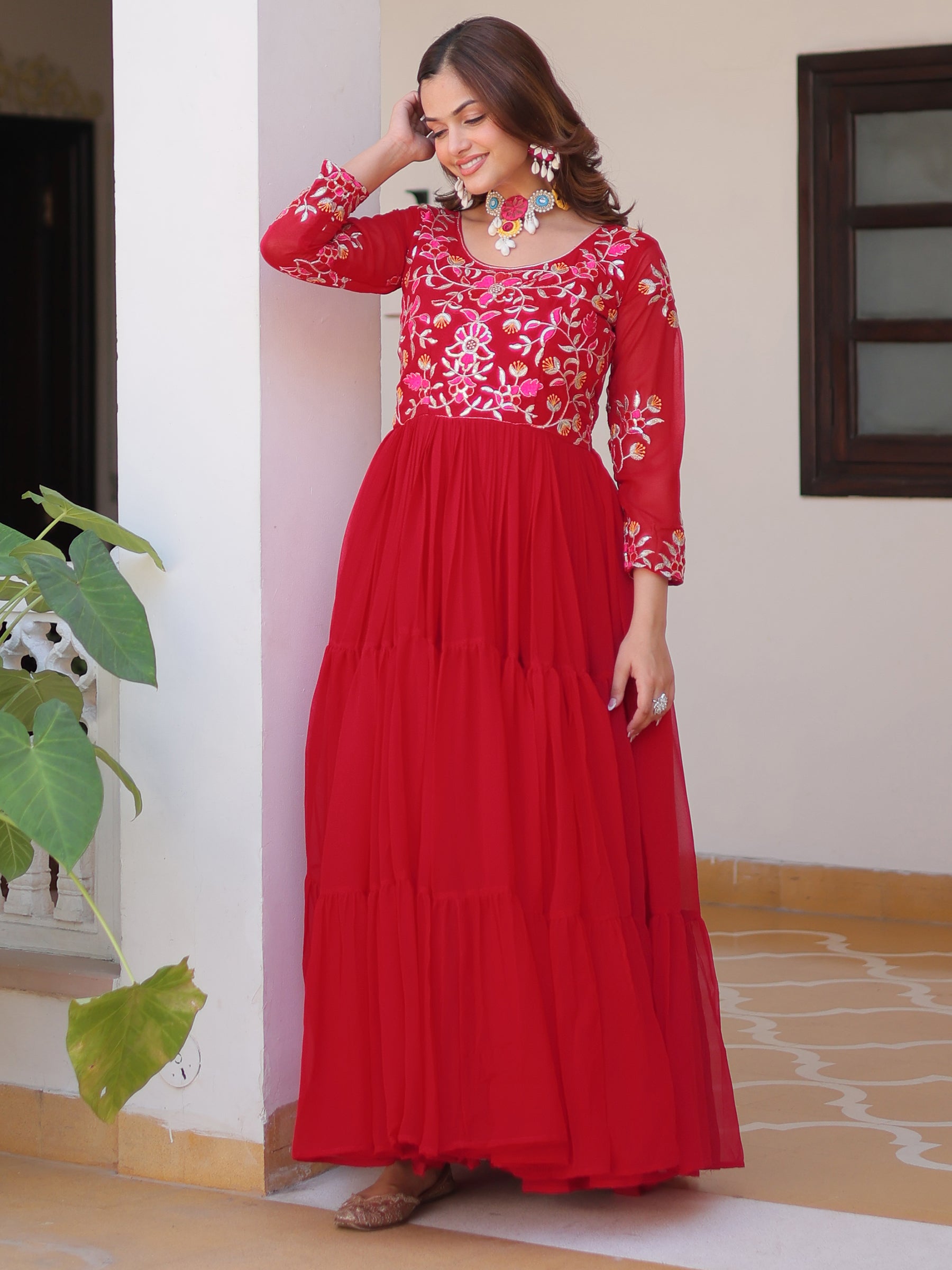 Tantalizing Red Thread Work Georgette Casual Wear Anarkali Gown