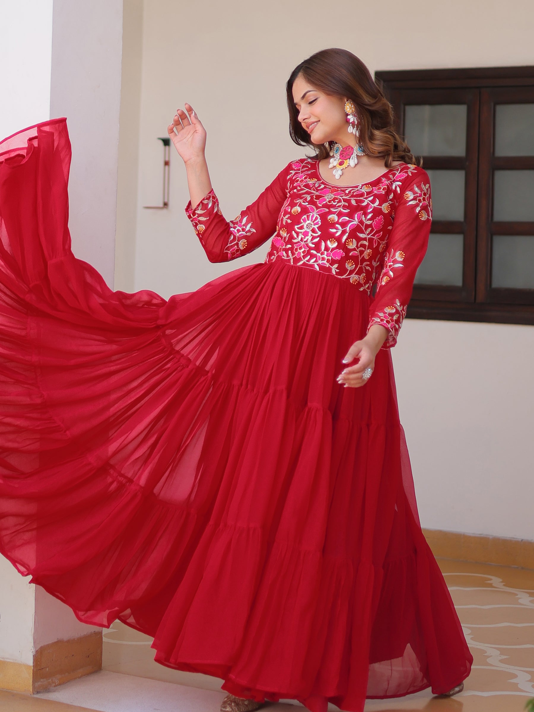 Tantalizing Red Thread Work Georgette Casual Wear Anarkali Gown