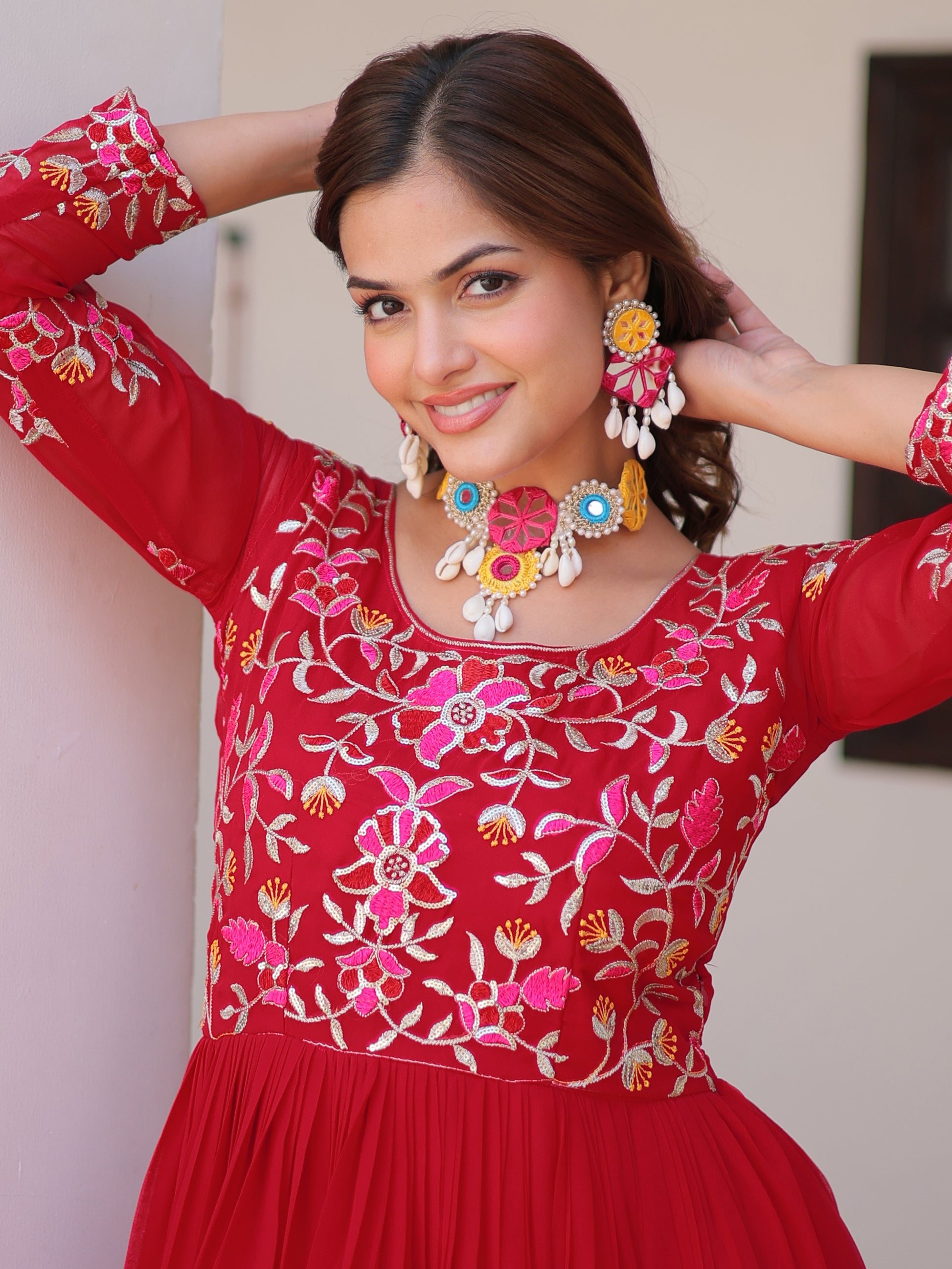 Tantalizing Red Thread Work Georgette Casual Wear Anarkali Gown