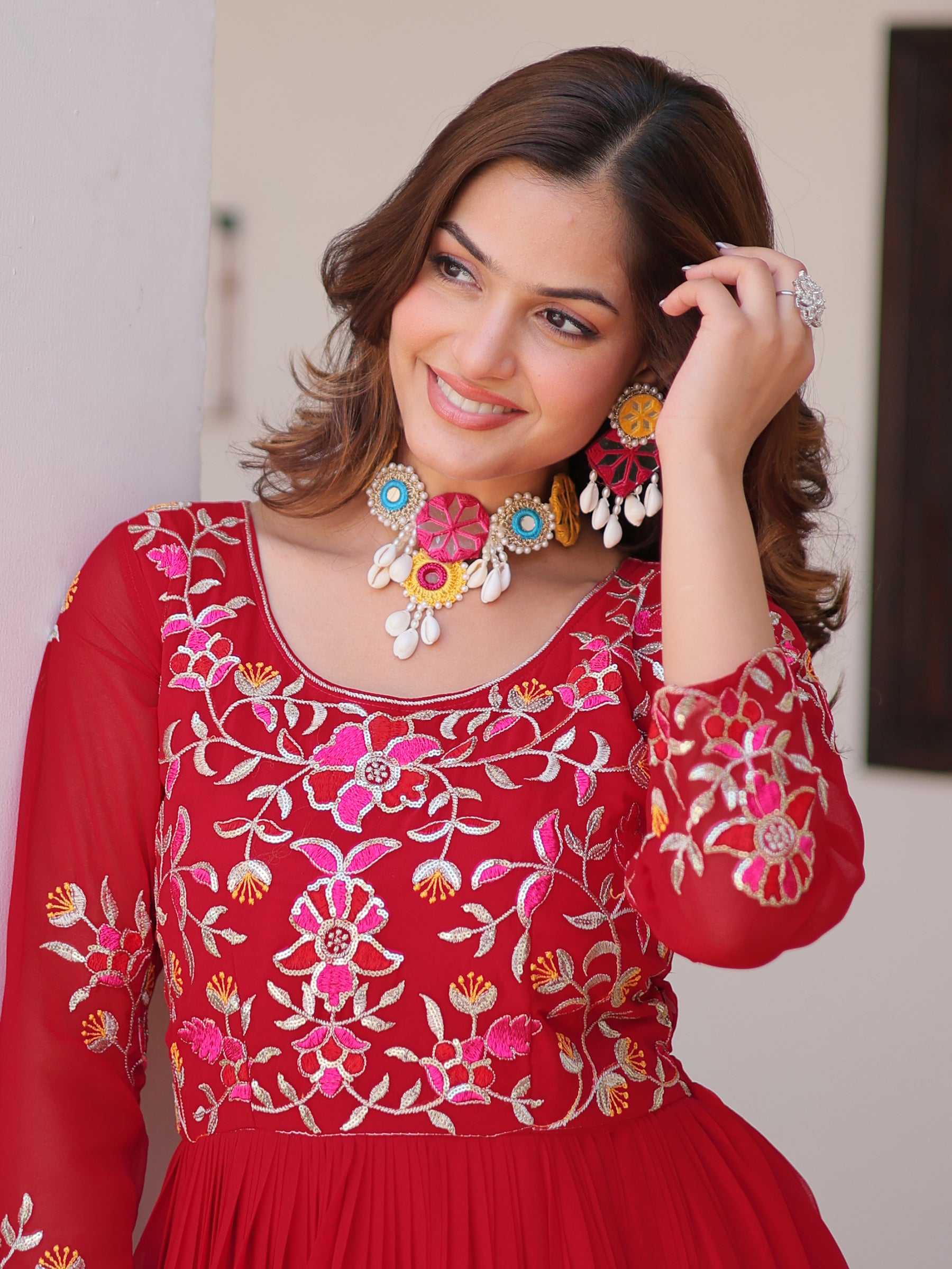 Tantalizing Red Thread Work Georgette Casual Wear Anarkali Gown