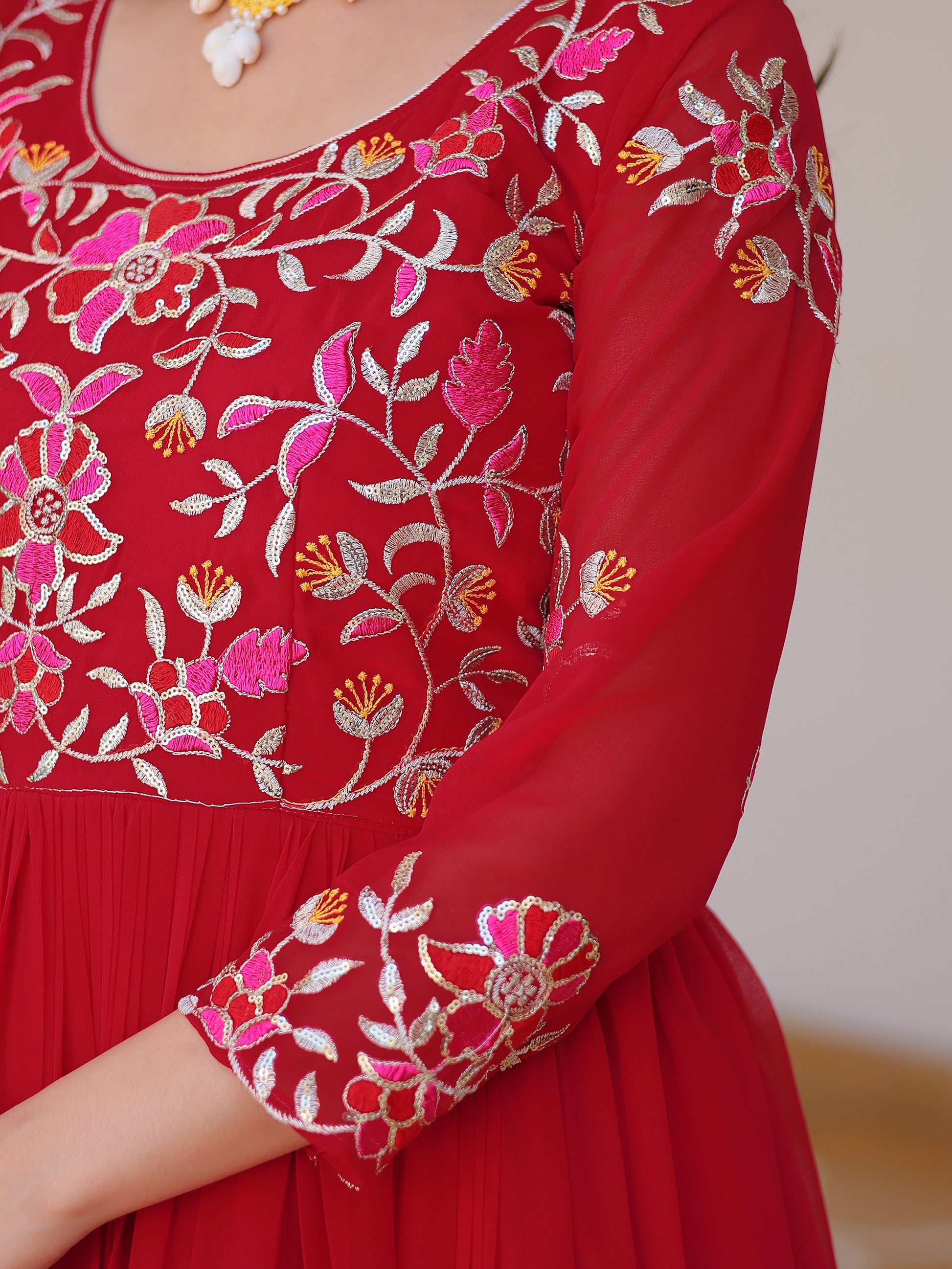 Tantalizing Red Thread Work Georgette Casual Wear Anarkali Gown