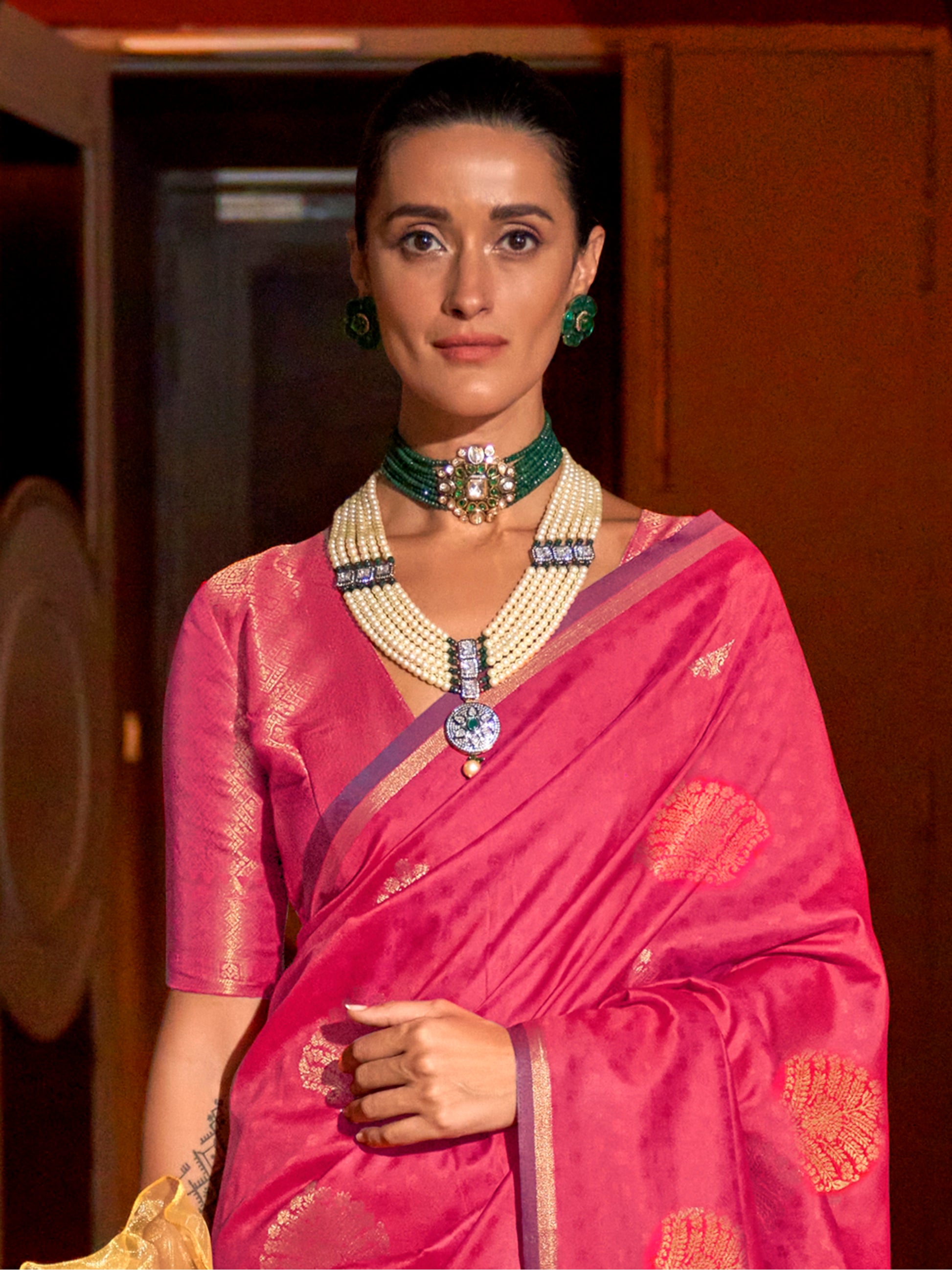 Alluring Pink Zari Weaving Silk Event Wear Saree With Blouse