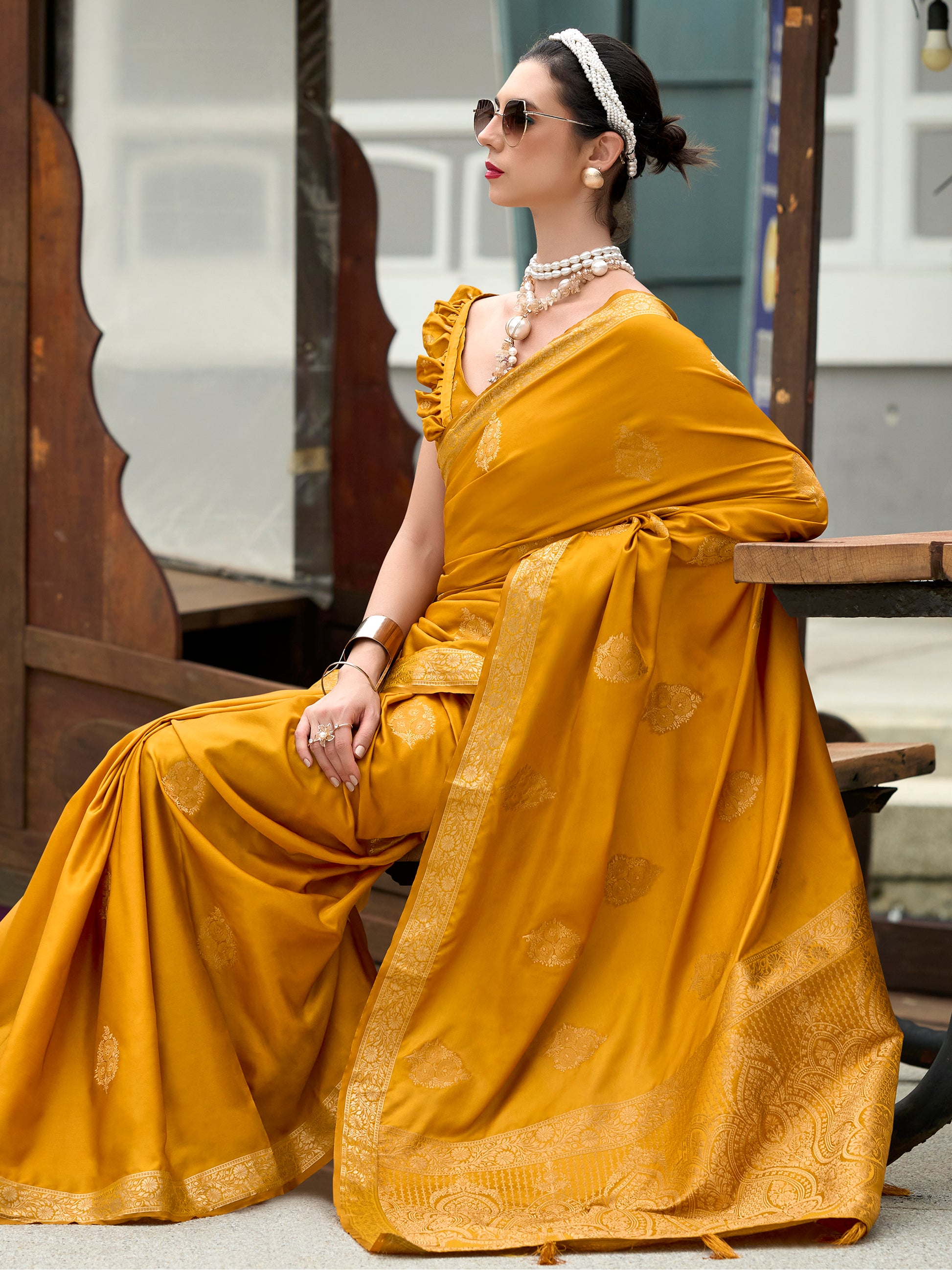Gorgeous Yellow Zari Weaving Satin Haldi Wear Saree With Blouse