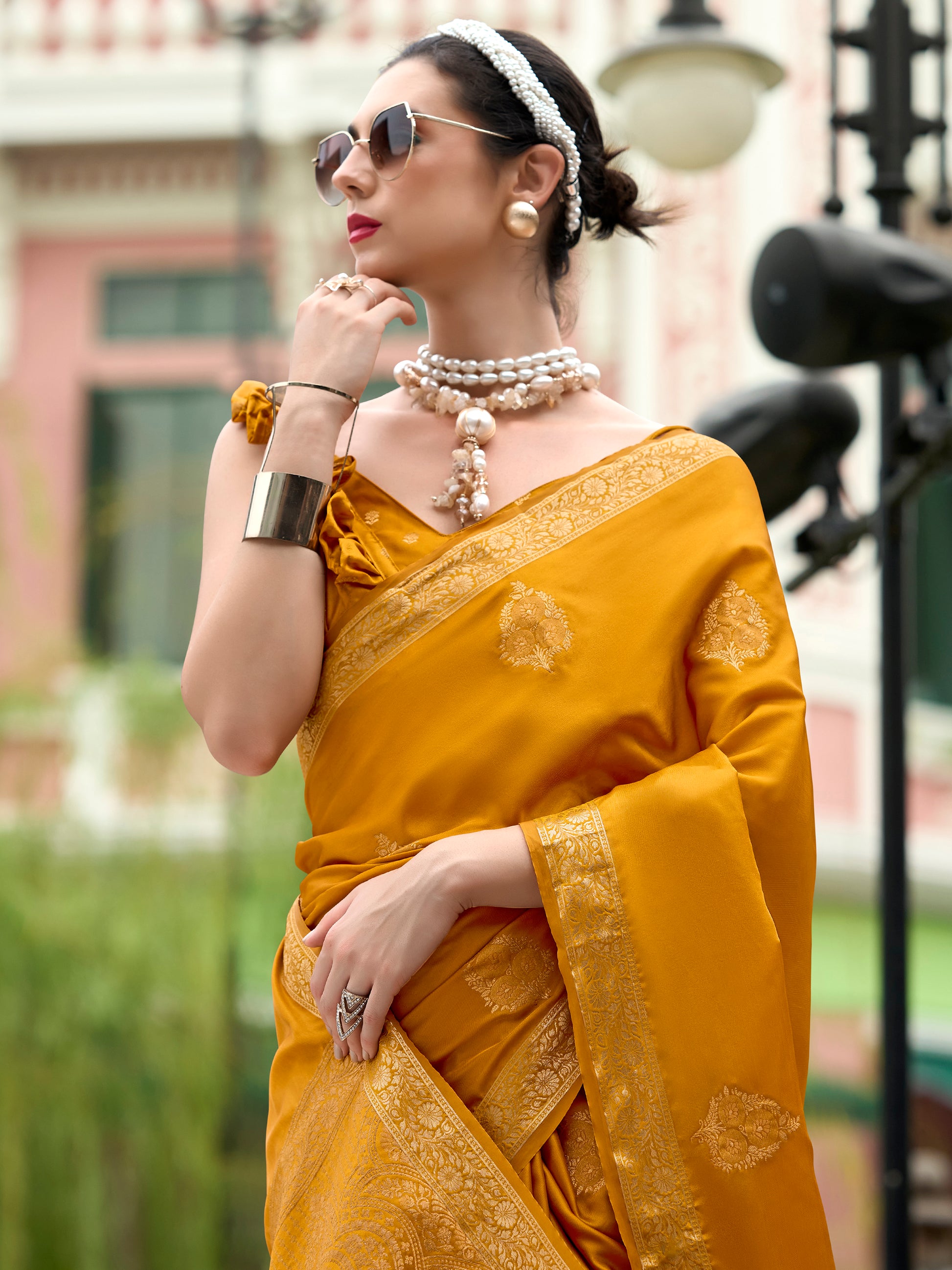 Gorgeous Yellow Zari Weaving Satin Haldi Wear Saree With Blouse