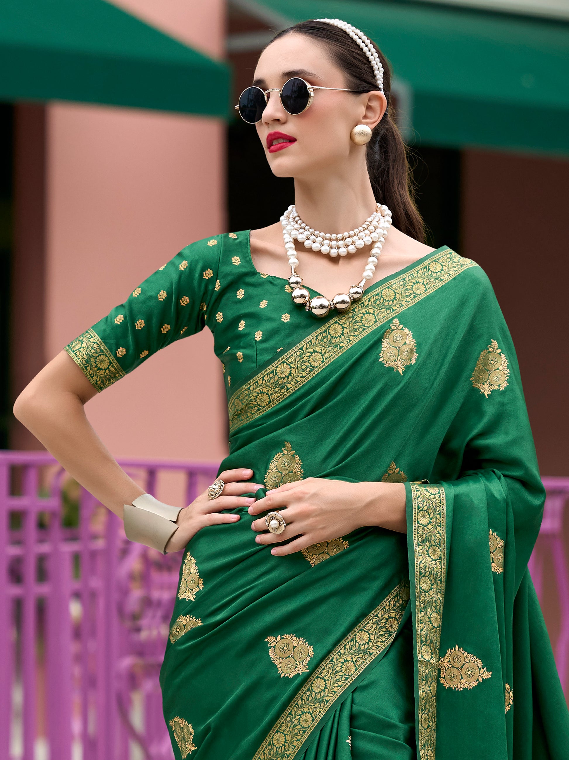 Captivating Green Zari Weaving Satin Mehendi Wear Saree With Blouse