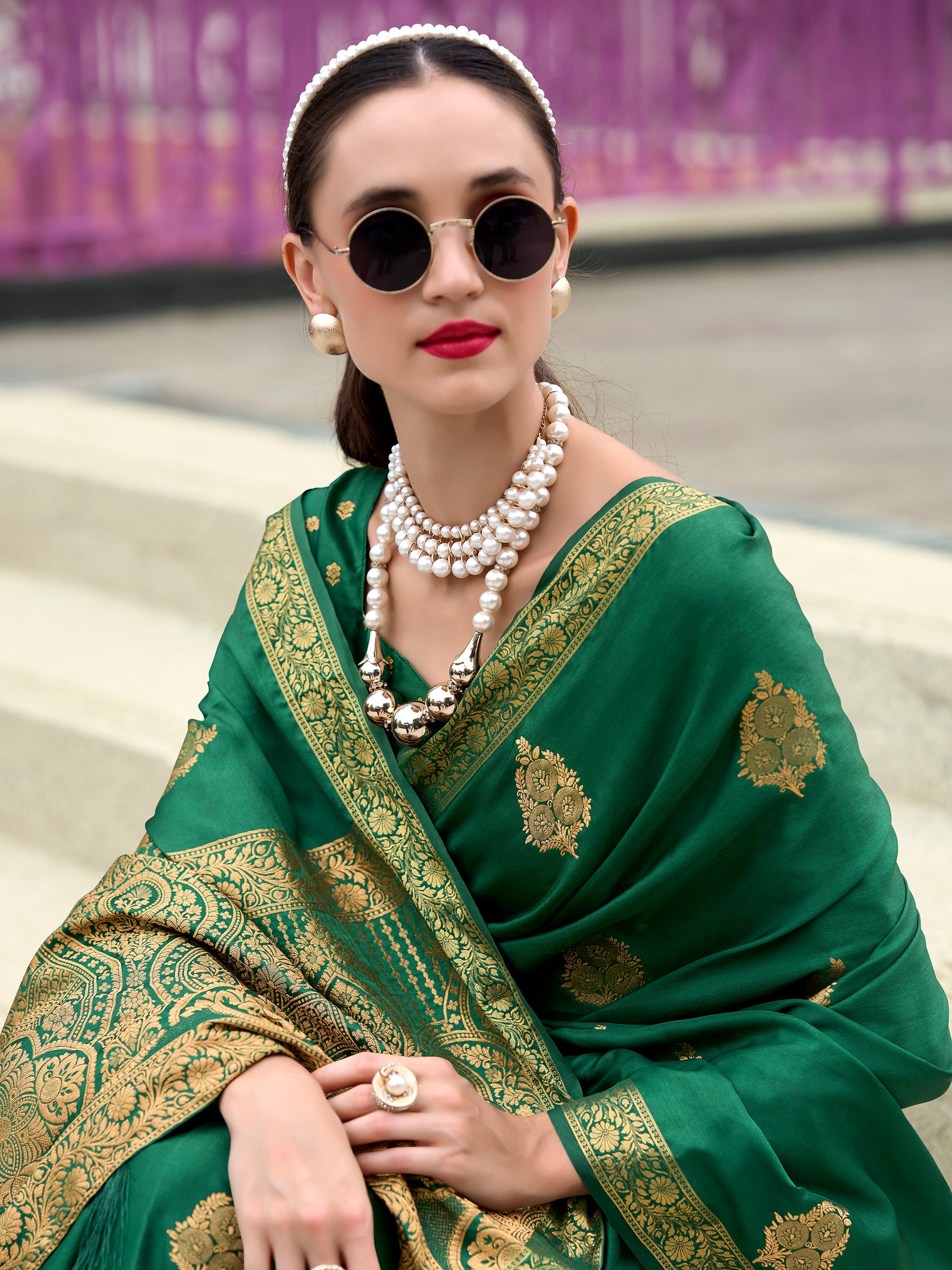 Captivating Green Zari Weaving Satin Mehendi Wear Saree With Blouse