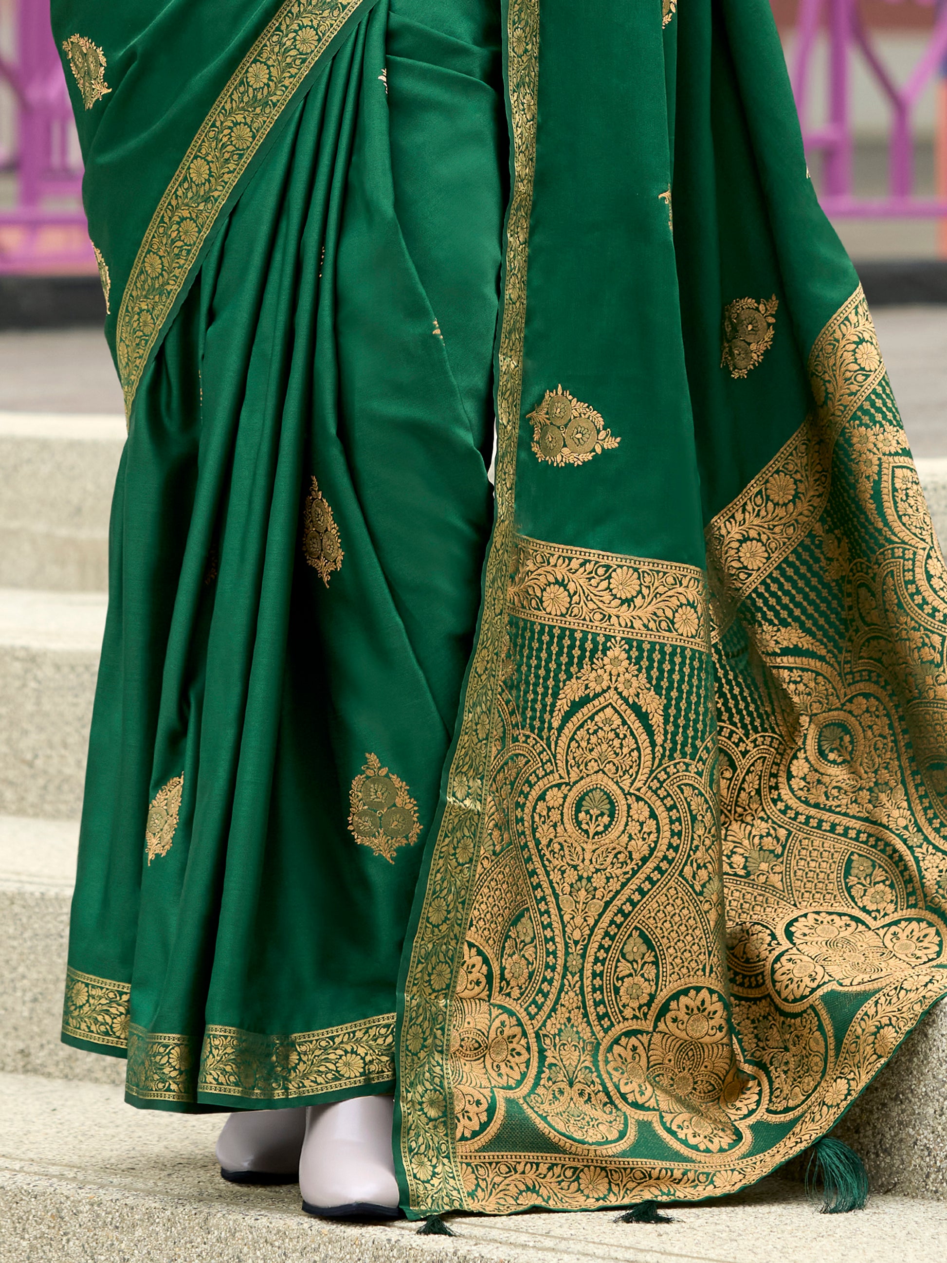 Captivating Green Zari Weaving Satin Mehendi Wear Saree With Blouse