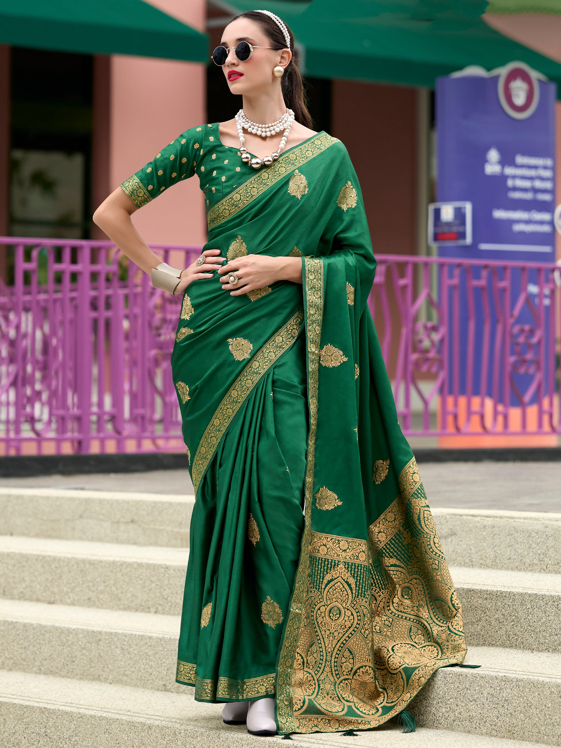 Captivating Green Zari Weaving Satin Mehendi Wear Saree With Blouse